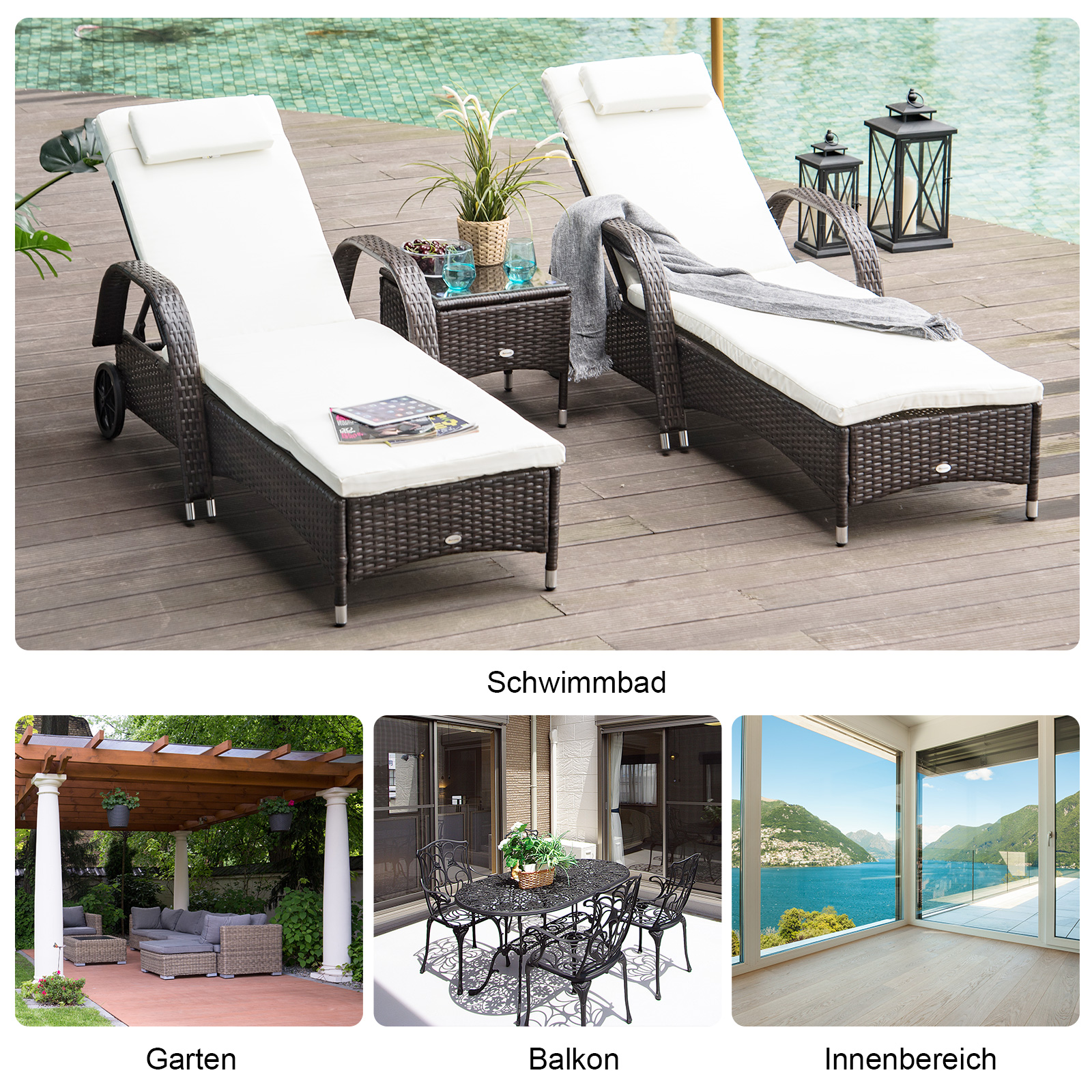 3er-Sonnenliegen-Set, 2x Gartenliege mit Beistelltisch, inkl. Liegeauflagen, Polyrattan, Braun+Cremeweiß