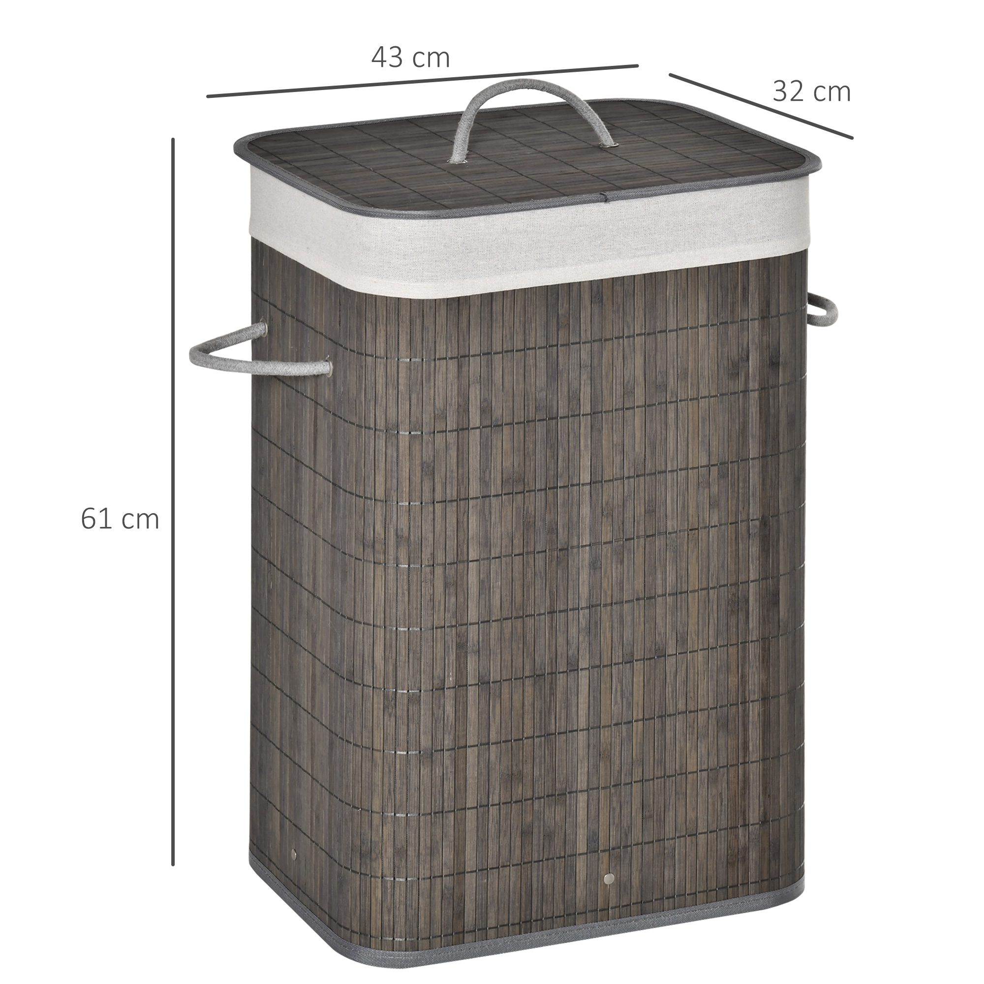 Wäschekorb mit Griffen und waschbarem Wäschesack, Rattan, Polyester, Baumwolle, Metall, 43L x 32B x 61H cm, Grau