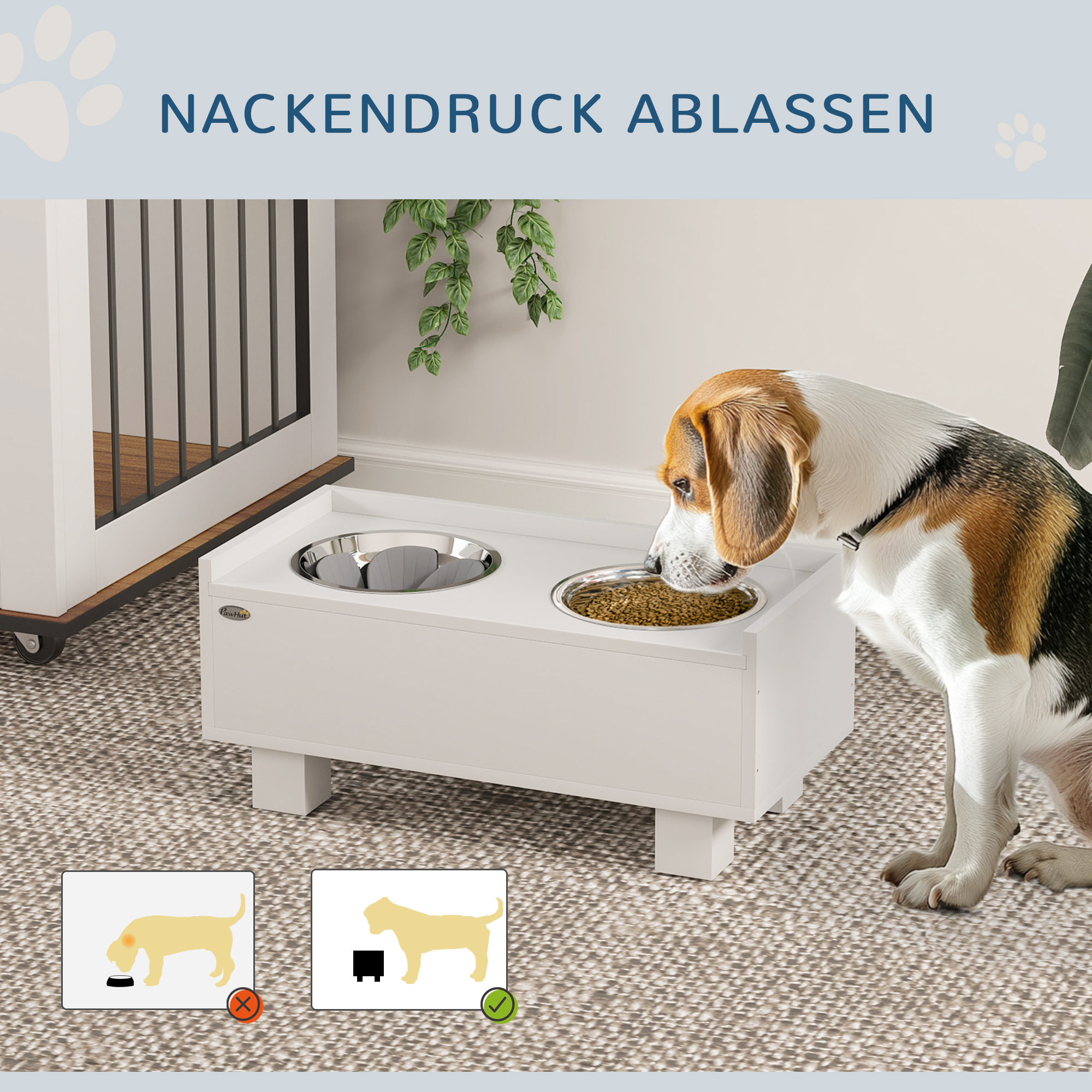 erhöhte Fütterungsstation für Hunde, mit abnehmbarer Slow-Feeder-Matte, 2 Aluminiumschüsseln, Stauraum, Weiß