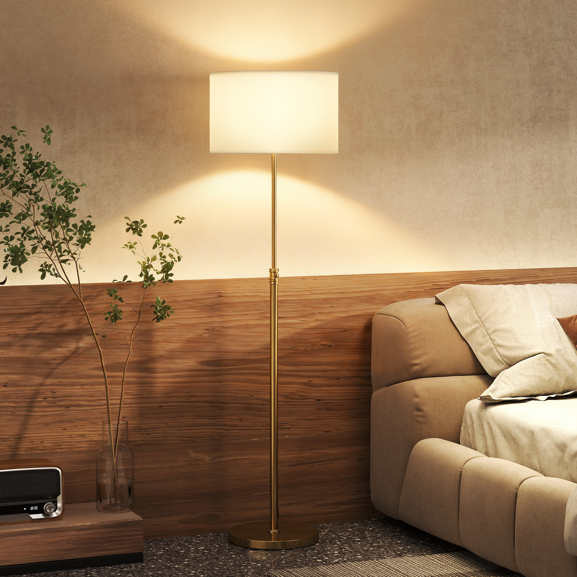 Stehlampe mit Fernbedienung, höhenverstellbar, Stoffschirm, Metallständer, anpassbare Helligkeit, Fußschalter, Goldfarben