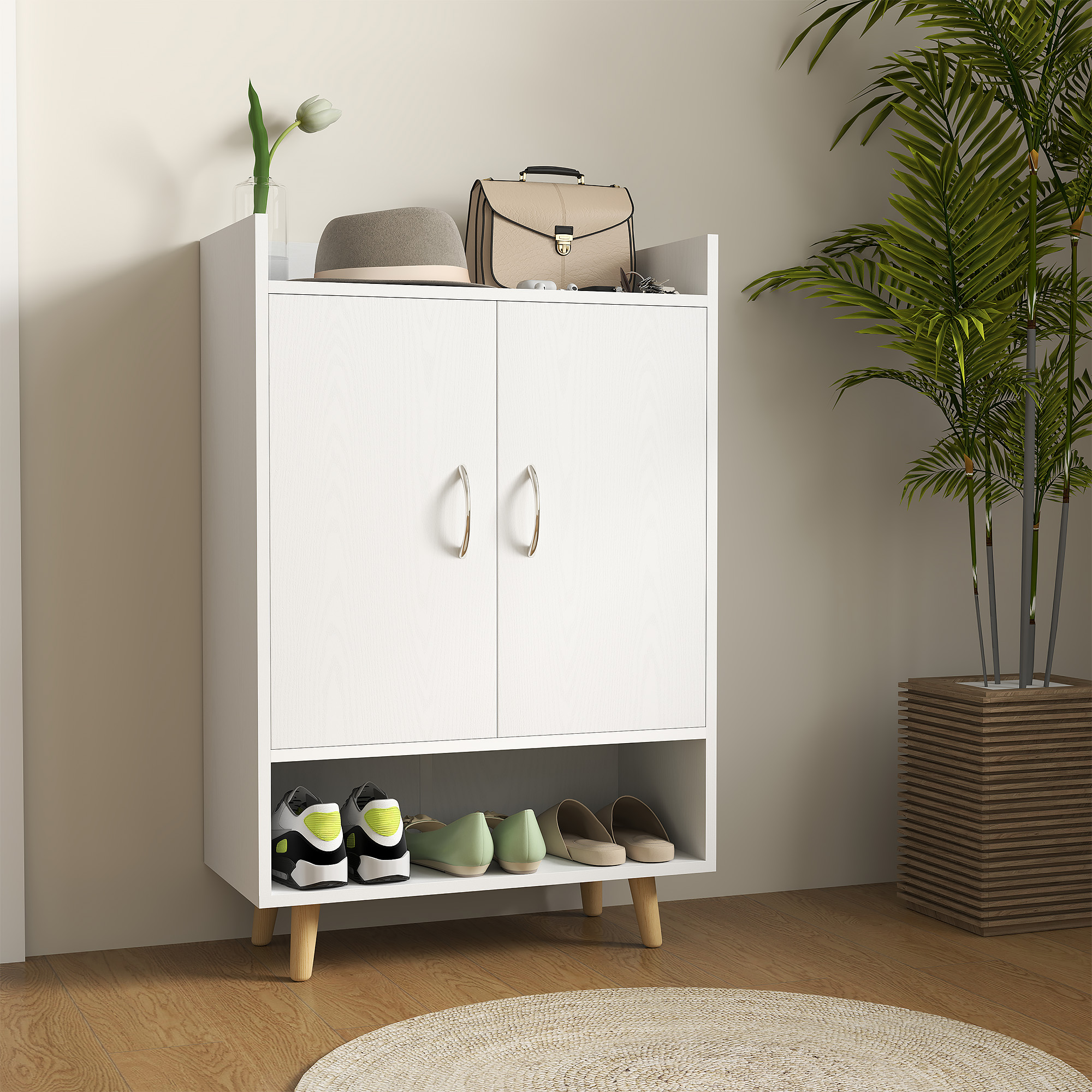 Schuhschrank, Schuhregal mit Türen und Regalen, für Flur, moderne Schuhkommode, Schuhablagen, 60 x 30 x 92 cm, Weiß