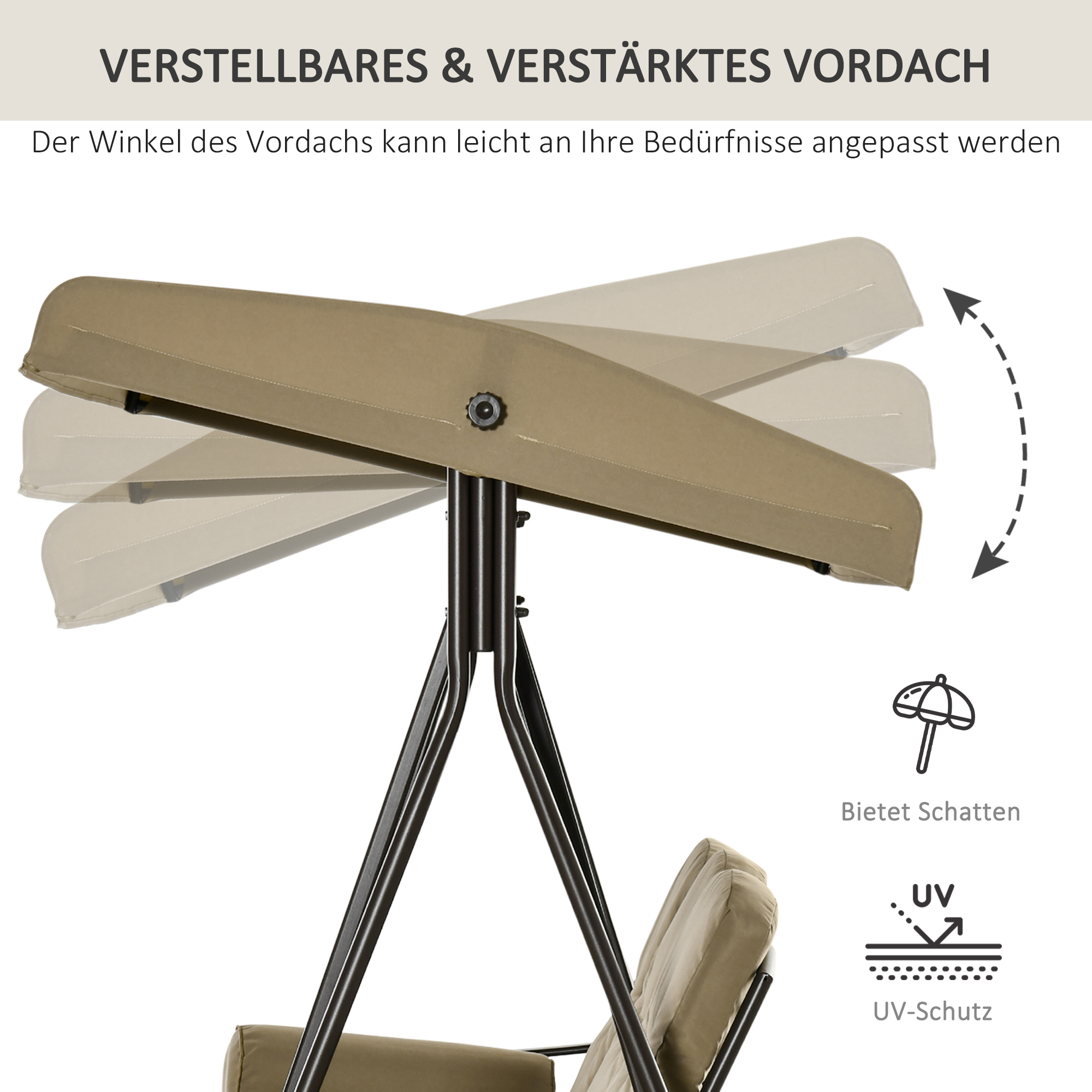3-Sitzer Hollywoodschaukel Gartenschaukel mit Sonnendach Kissen Metall Polyester Khaki 116 x 206 x 183 cm