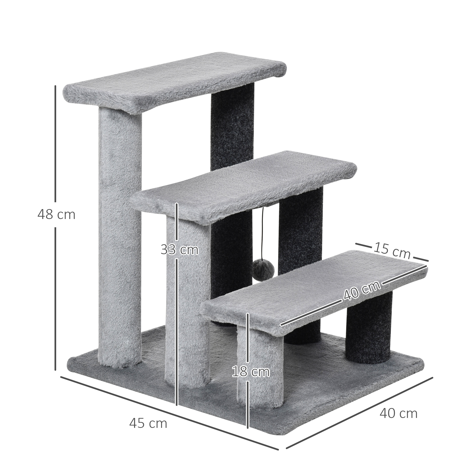 Katzentreppe 3-stufige Haustiertreppe mit Kratzsäulen Ball Hundetreppe Tiertreppe für Katzen bis 5 kg Plüsch Jute Grau 45 x 40 x 48 cm