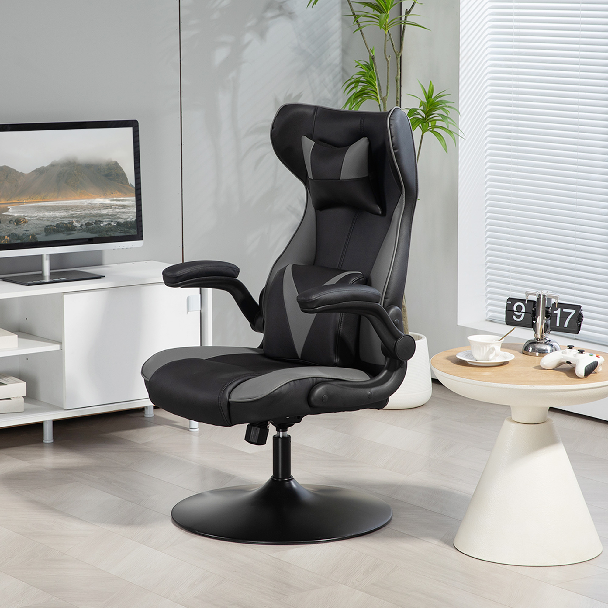 Gaming-Stuhl mit Schaukelfunktion, Drehstuhl, höhenverstellbar, gepolsterter Sitz, Metall, 67 x 71 x 112 cm, Grau