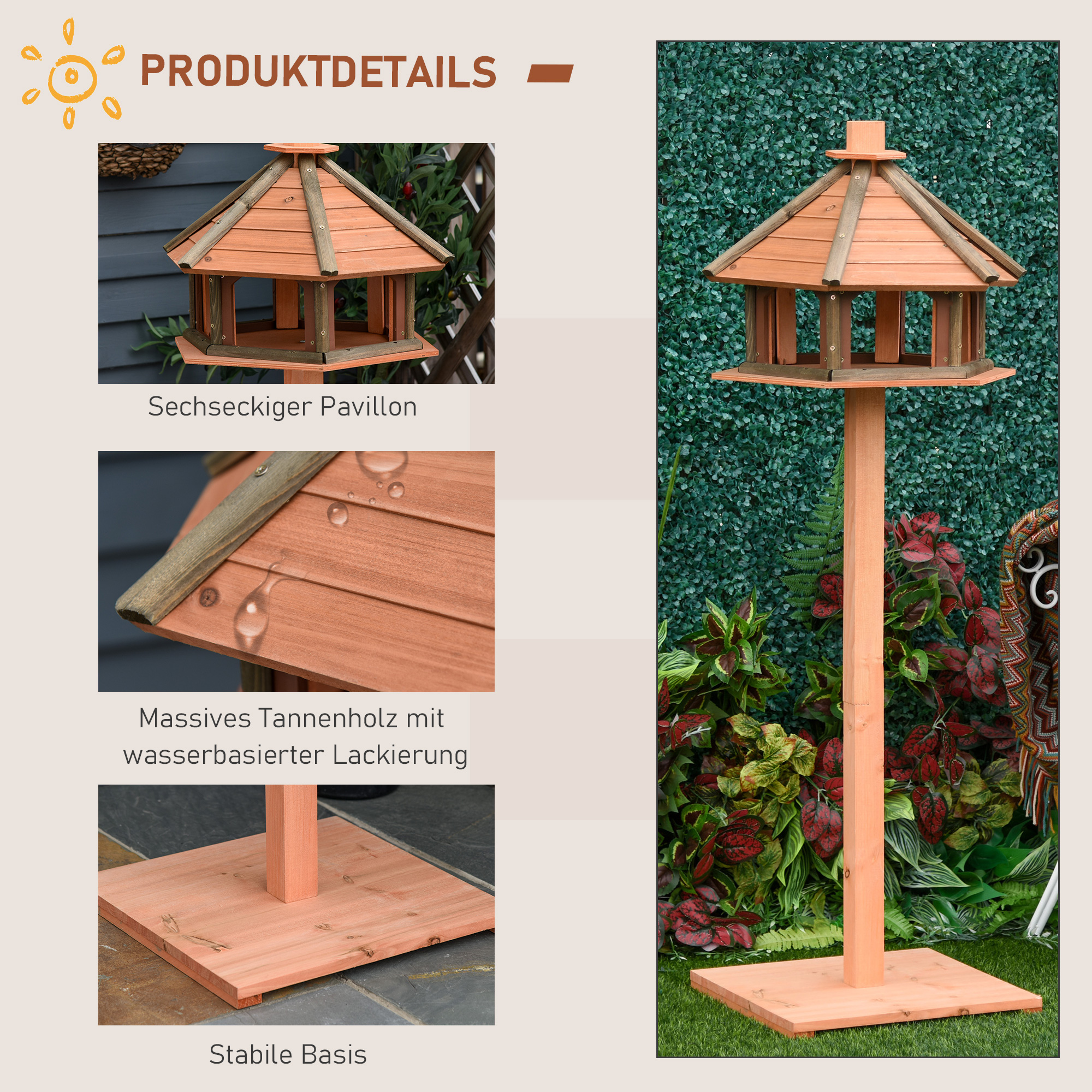 Vogelhaus mit Ständer wetterfestes Vogelfutterhaus mit wetterfestem Dach Futterhaus aus Holz für Wildvögel Ø52 x 130H cm Natur