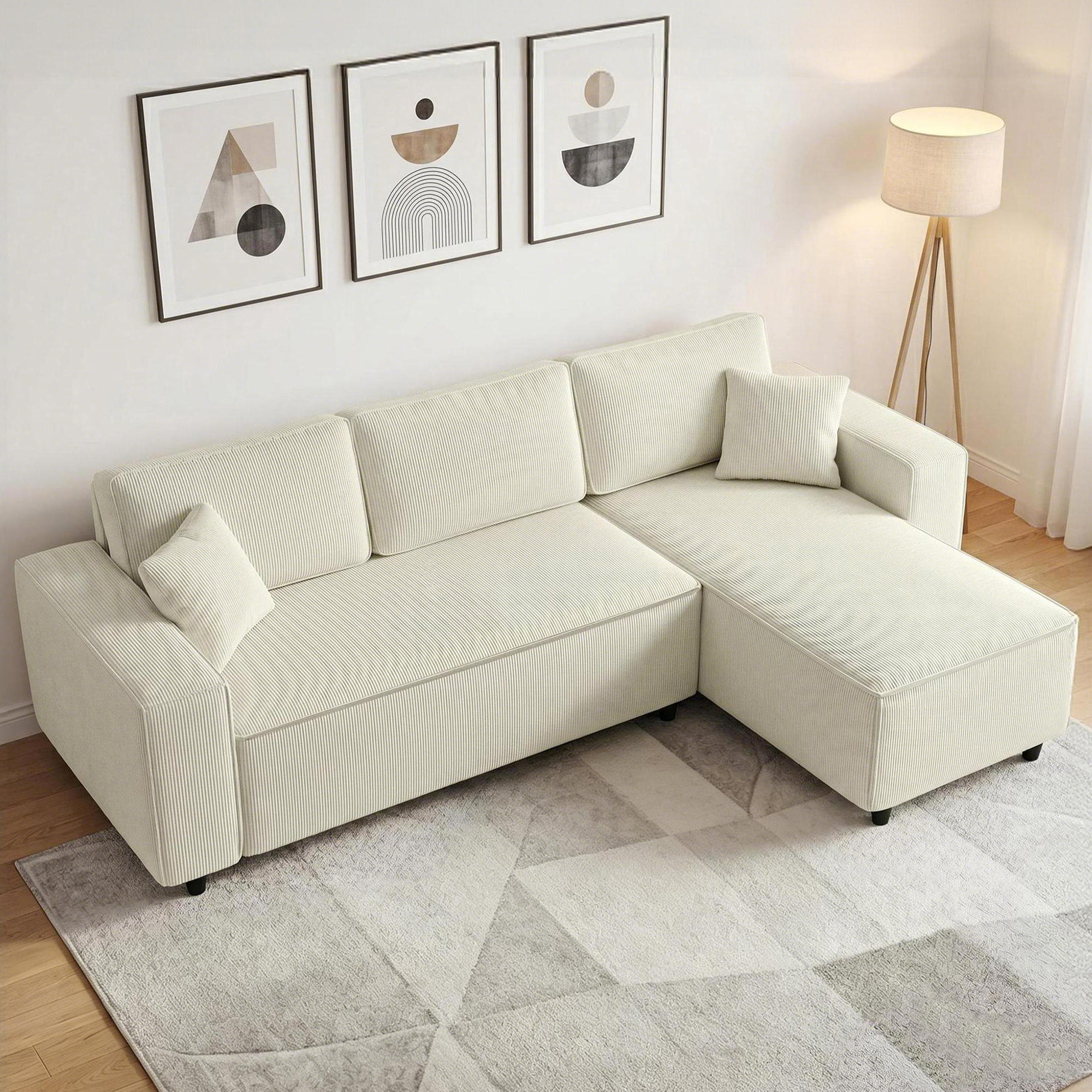 3-Sitzer-Sofa mit Chaiselongue, Wohnzimmercouch mit Cordbezug, 2 Extra-Kissen, Polstersofa, Cremeweiß