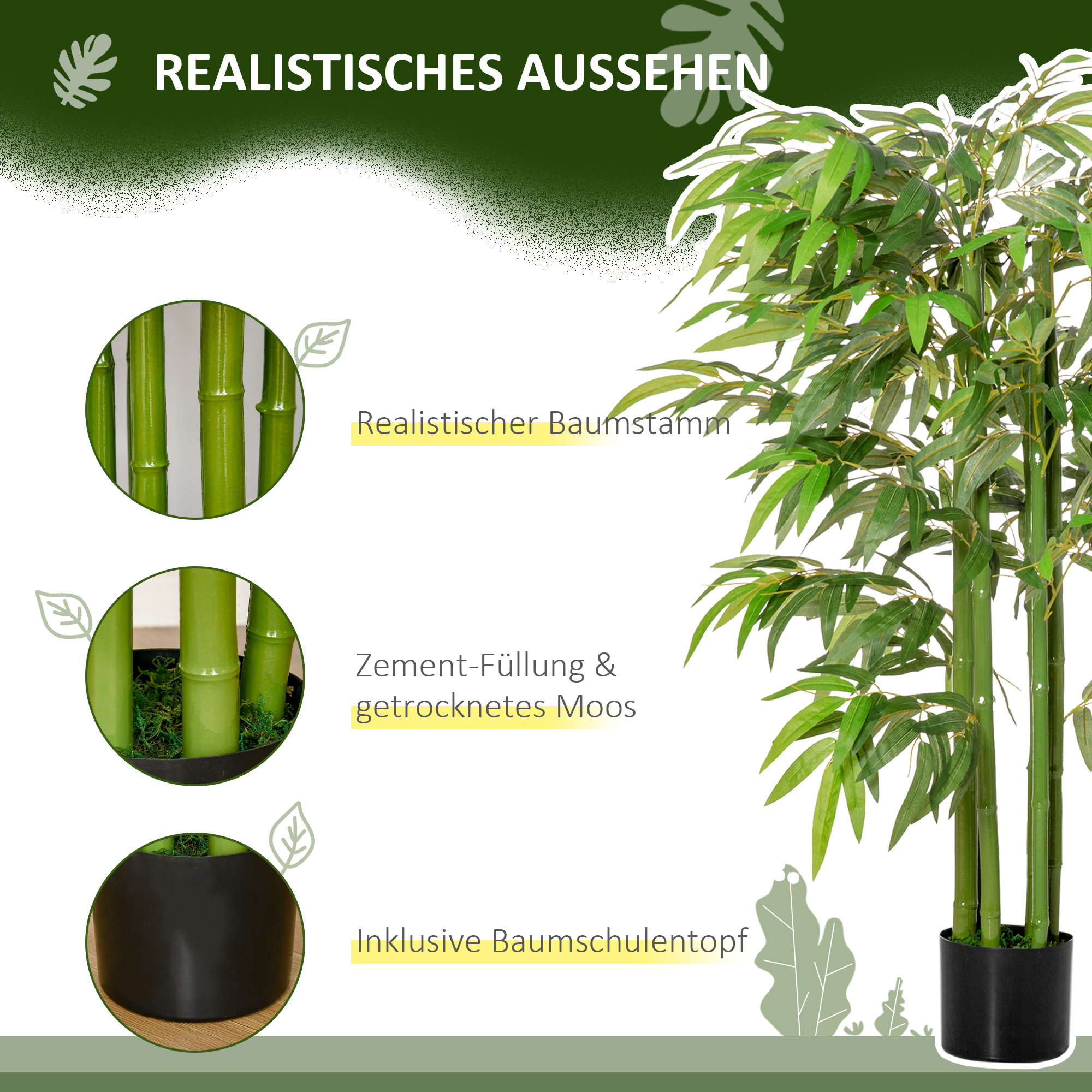 Künstliche Pflanze, Bambus aus Kunststoff im Topf, 780 Blätter, realistischer Look, kaum Pflegeaufwand, 140 cm, Grün