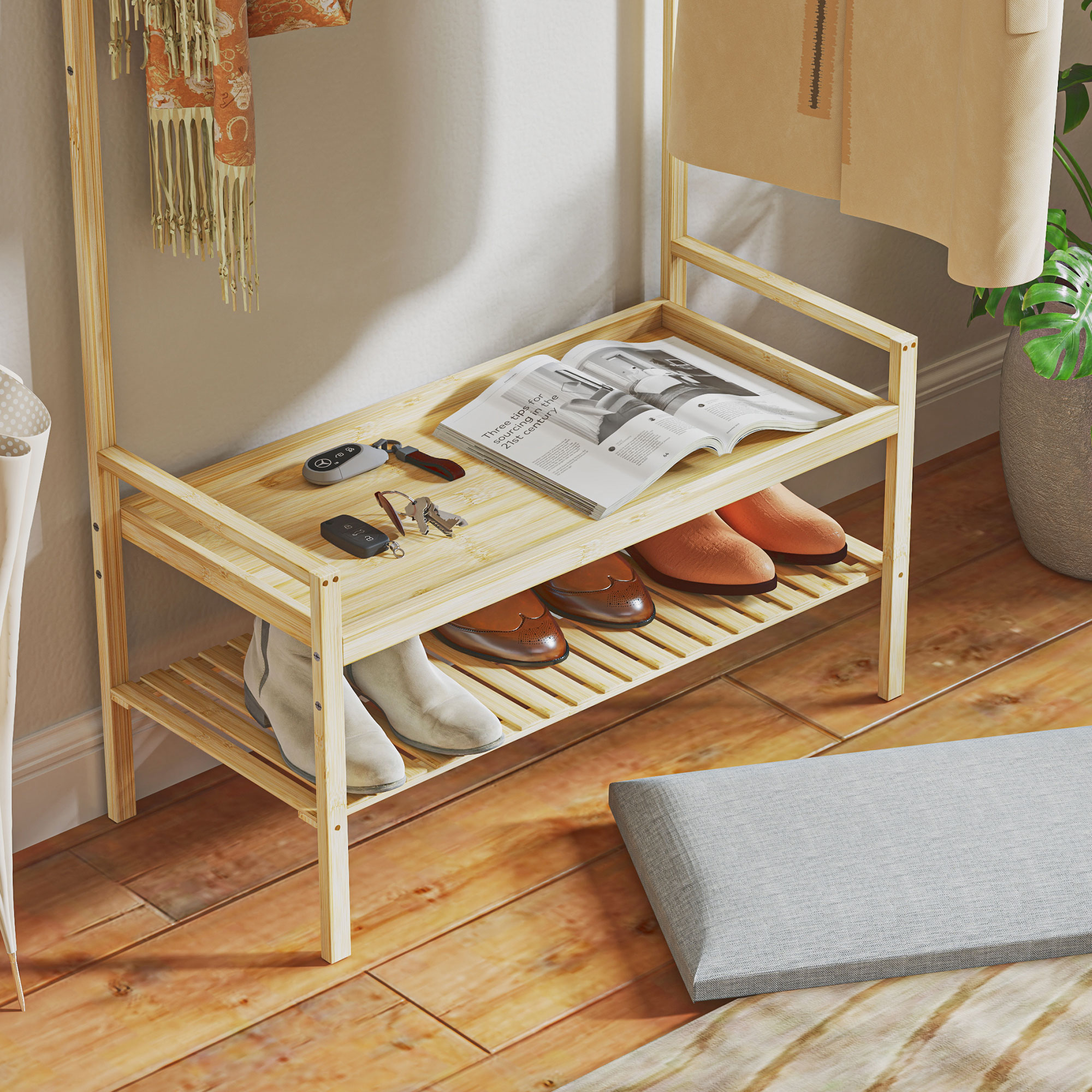 Garderobe mit Schuhbank, Kleiderstange, 10 Kleiderhaken, Schuhablage, Bambus