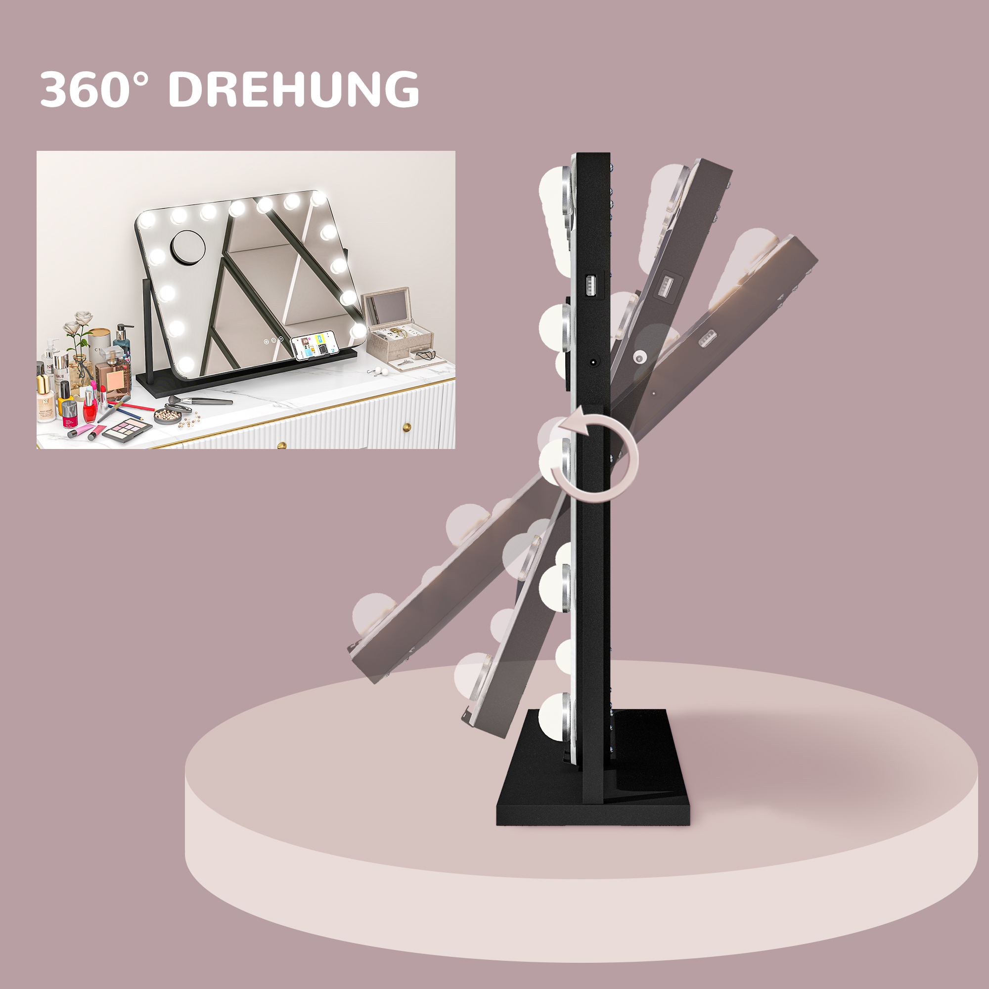 LED Kosmetikspiegel, 3 Lichtmodi, dimmbar, Touchsteuerung, USB, 62,5x49,5cm, Schwarz