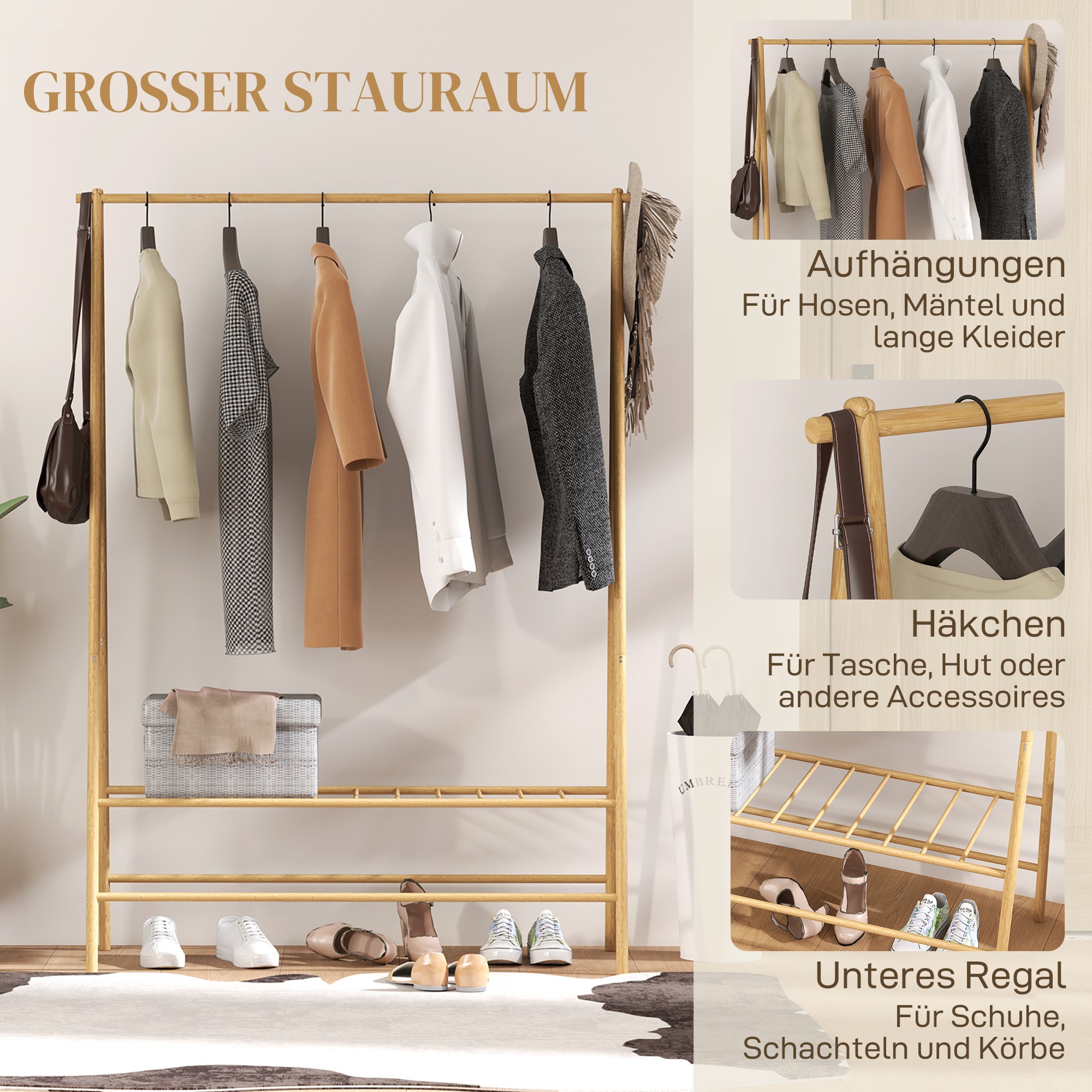 Bambus-Kleiderständer mit Schuhregal und Haken, freistehend, für Eingangsbereich, Schlafzimmer, Naturholz