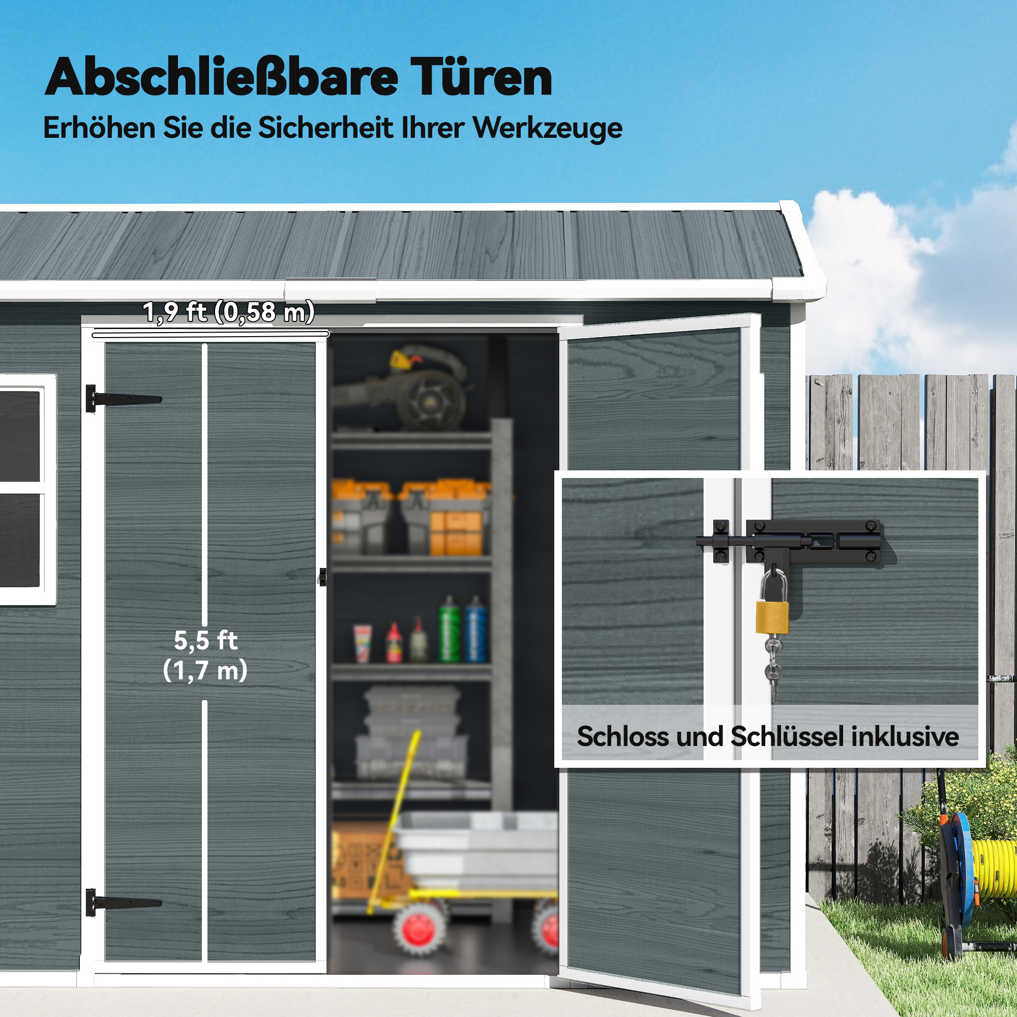 Gerätehaus 2,77 m², Geräteschuppen mit Holzoptik 2 Fenster Doppeltür Belüftung Boden Schloss Handschuhe