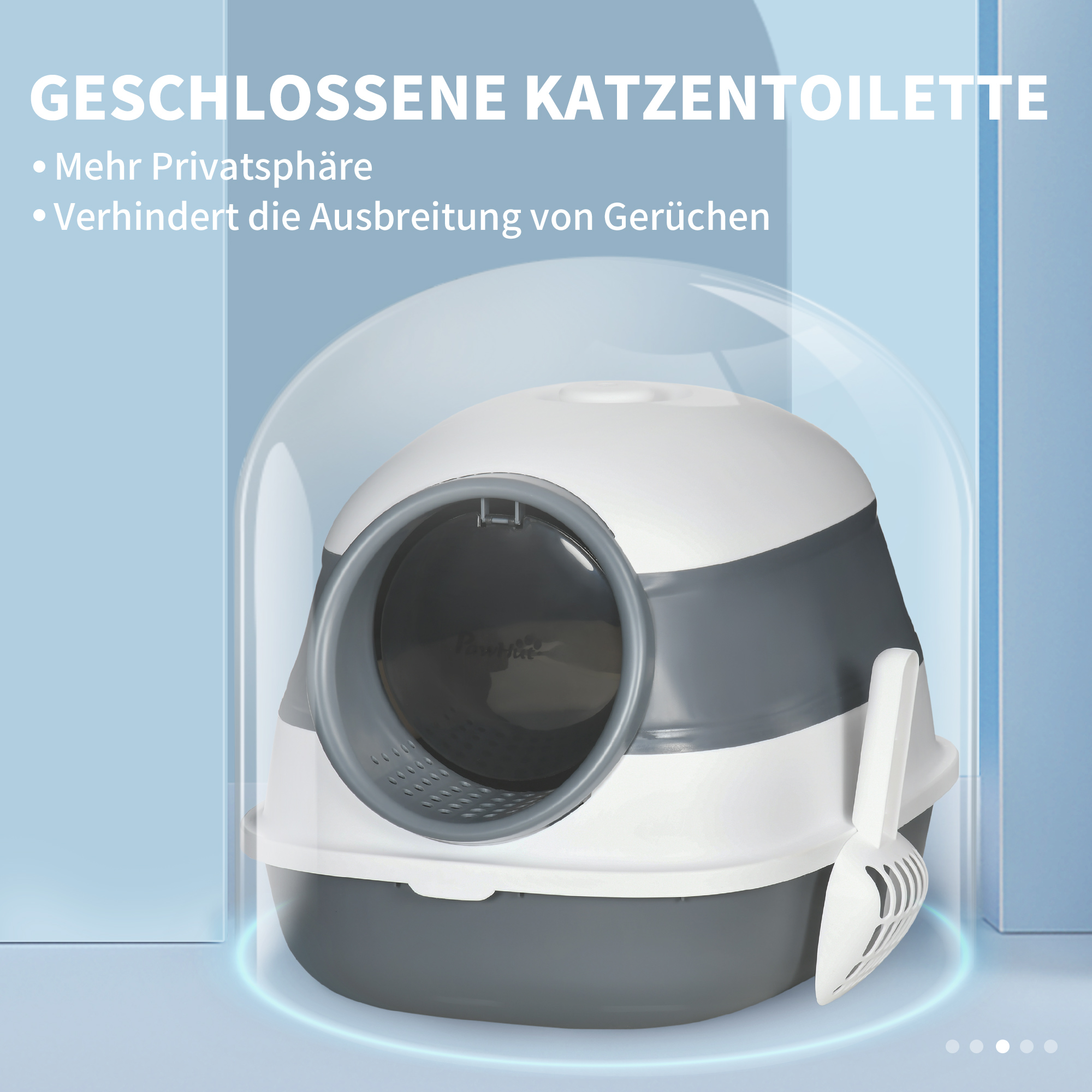 Katzentoilette, mit Streuschaufel, Eingang mit Bodengitter, abnehmbarer Deckel, weiß+grau, 52 x 41 x 38 cm