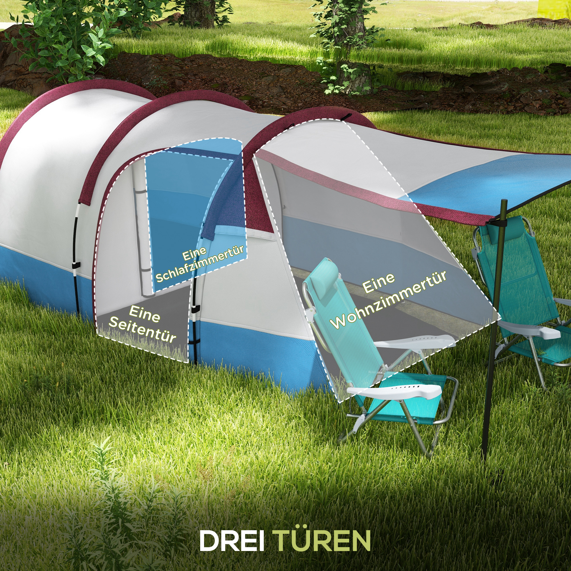 Campingzelt, für 3 Personen, Laternenhaken, drei Eingänge, wasserdicht, Rot