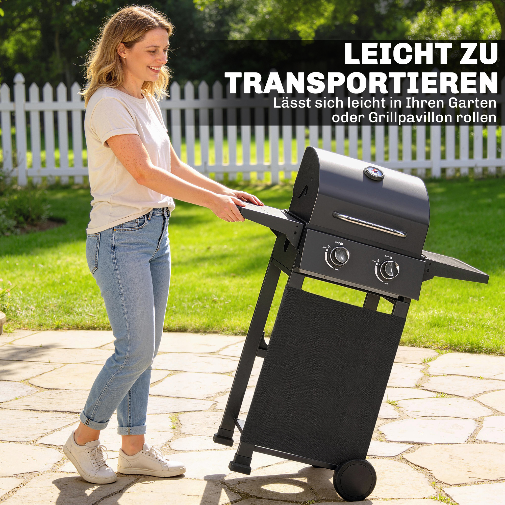 Gasgrill 5,4 KW 2 Brenner Stahl BBQ Grillwagen inkl klappbar Seitentisch Thermometer verchromter Grillrost Warmhalterost