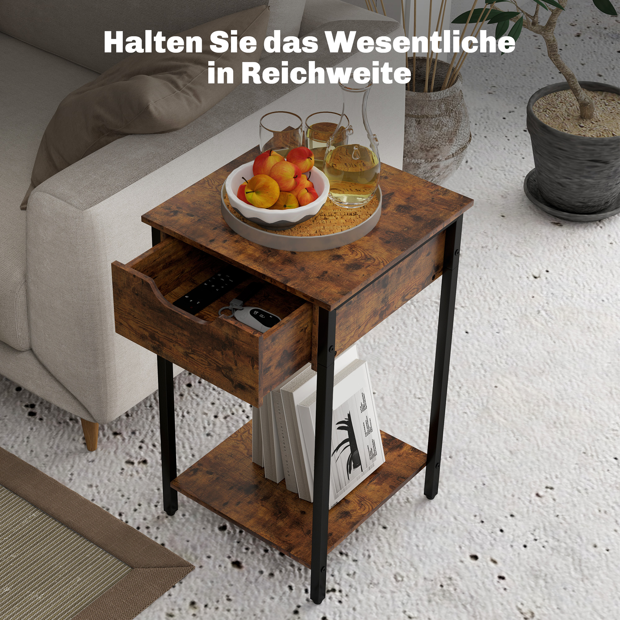 Beistelltisch im Industriestil, Schublade, Ablagefach, Metallrahmen, Holz, 40 x 40 x 68 cm, Braun