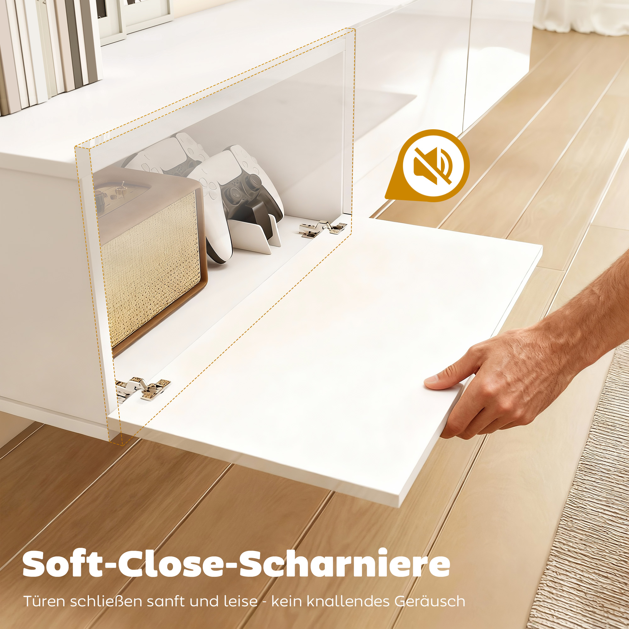 Schwebender TV-Schrank, Wandmontage, 3 Schubladen, viel Stauraum, 180 cm, Spanplatte, Weiß
