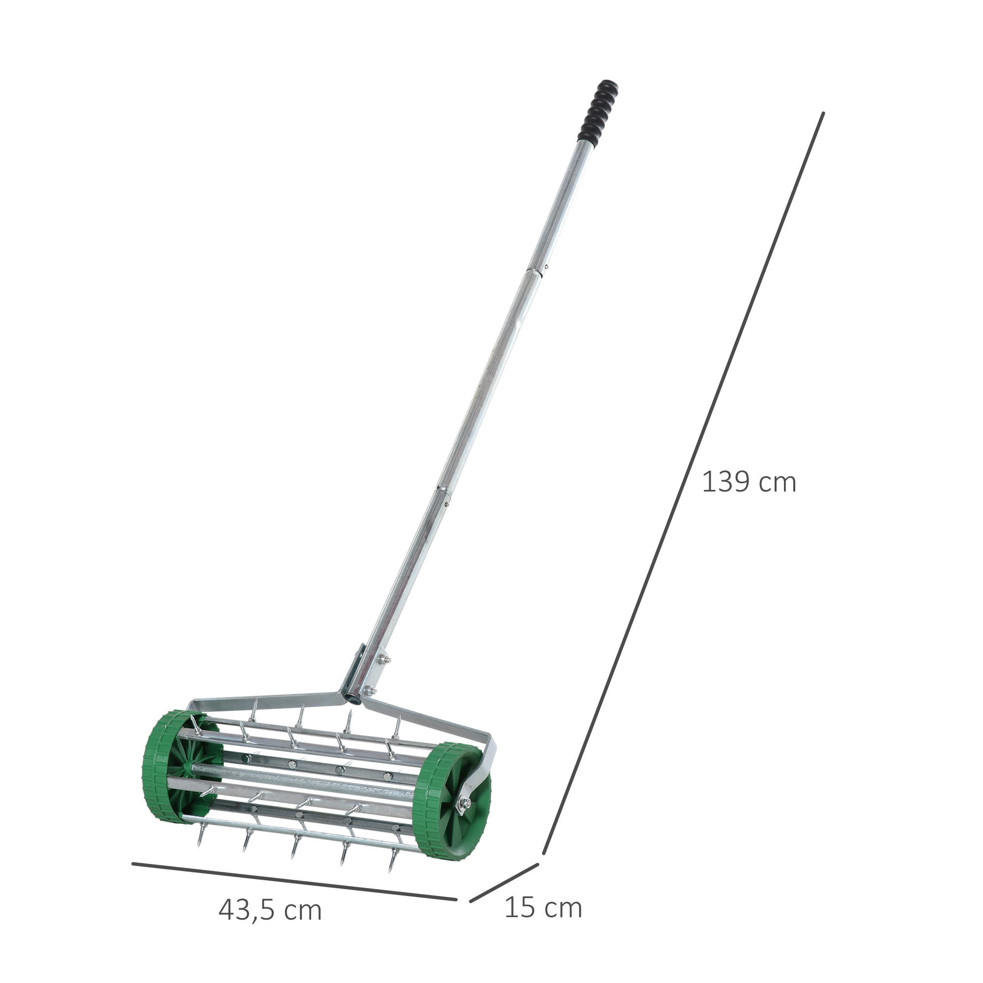 Rasenlüfter Grifflänge einstellbar Handvertikutierer Rasenbelüften Stachelwalze Rasen rollender Rasenlüfter pflegen Garten verzinktes Rohr Grün+Silber 139 x 43,5 x 15 cm