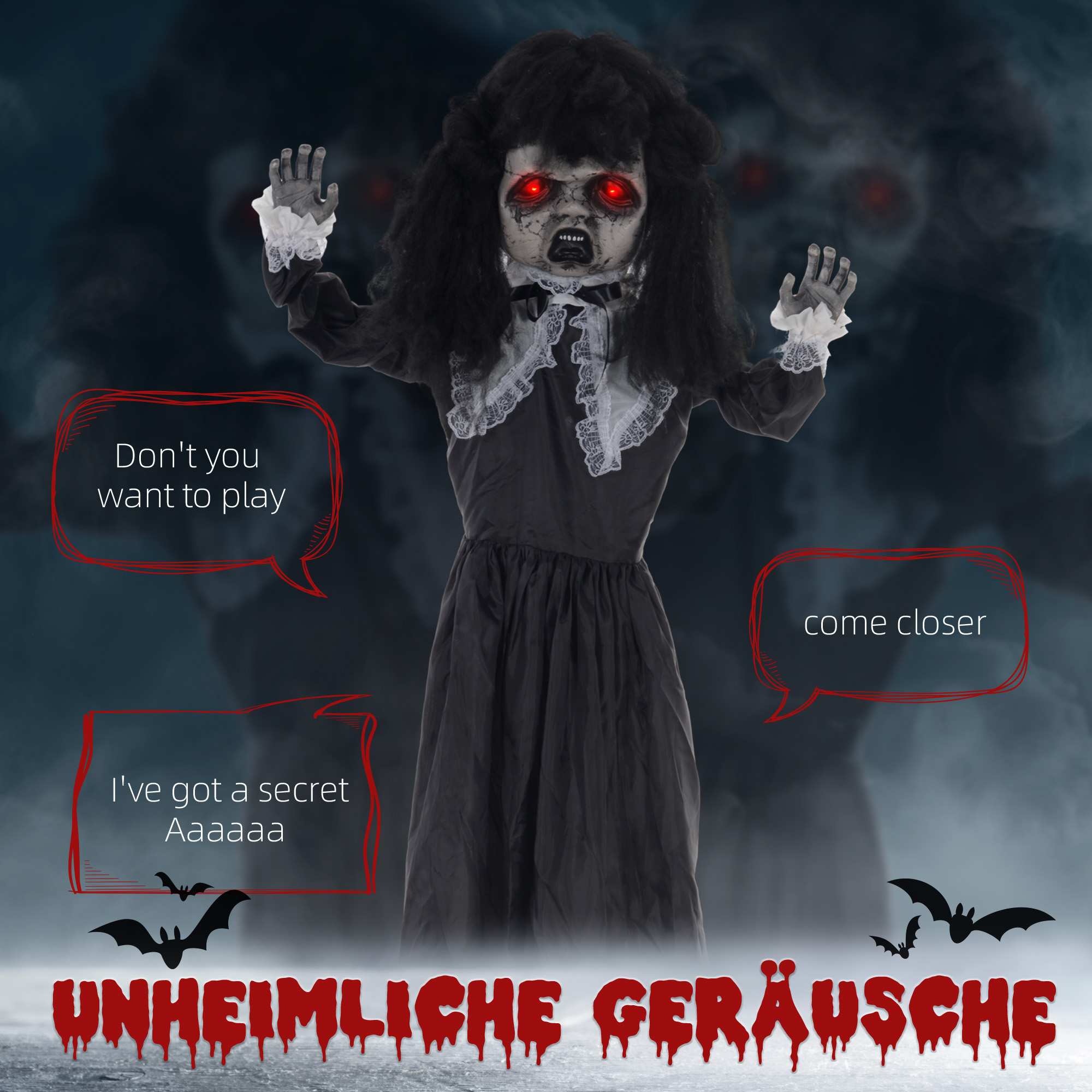 Horrorpuppe, Helloweendeko, gruselige Stimme & Musik, rote Augen, beweglich, 160 cm