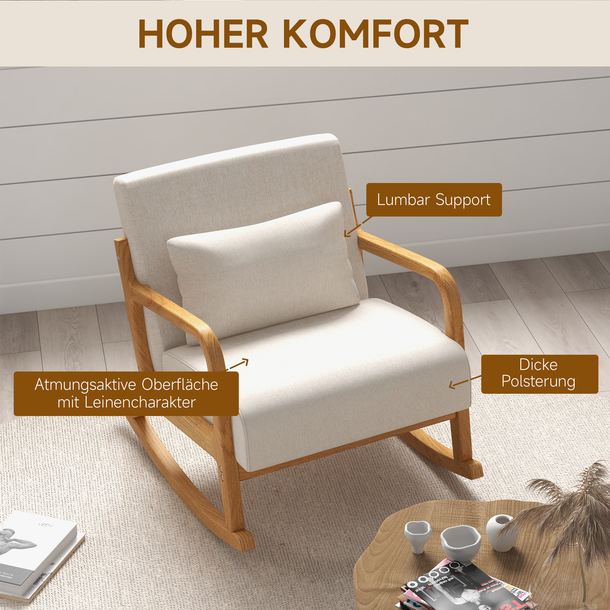 Schaukelstuhl im Retrodesign, Gummibaumholz, 64,5 cm x 92 cm x 81, 5 cm, Beige + Braun