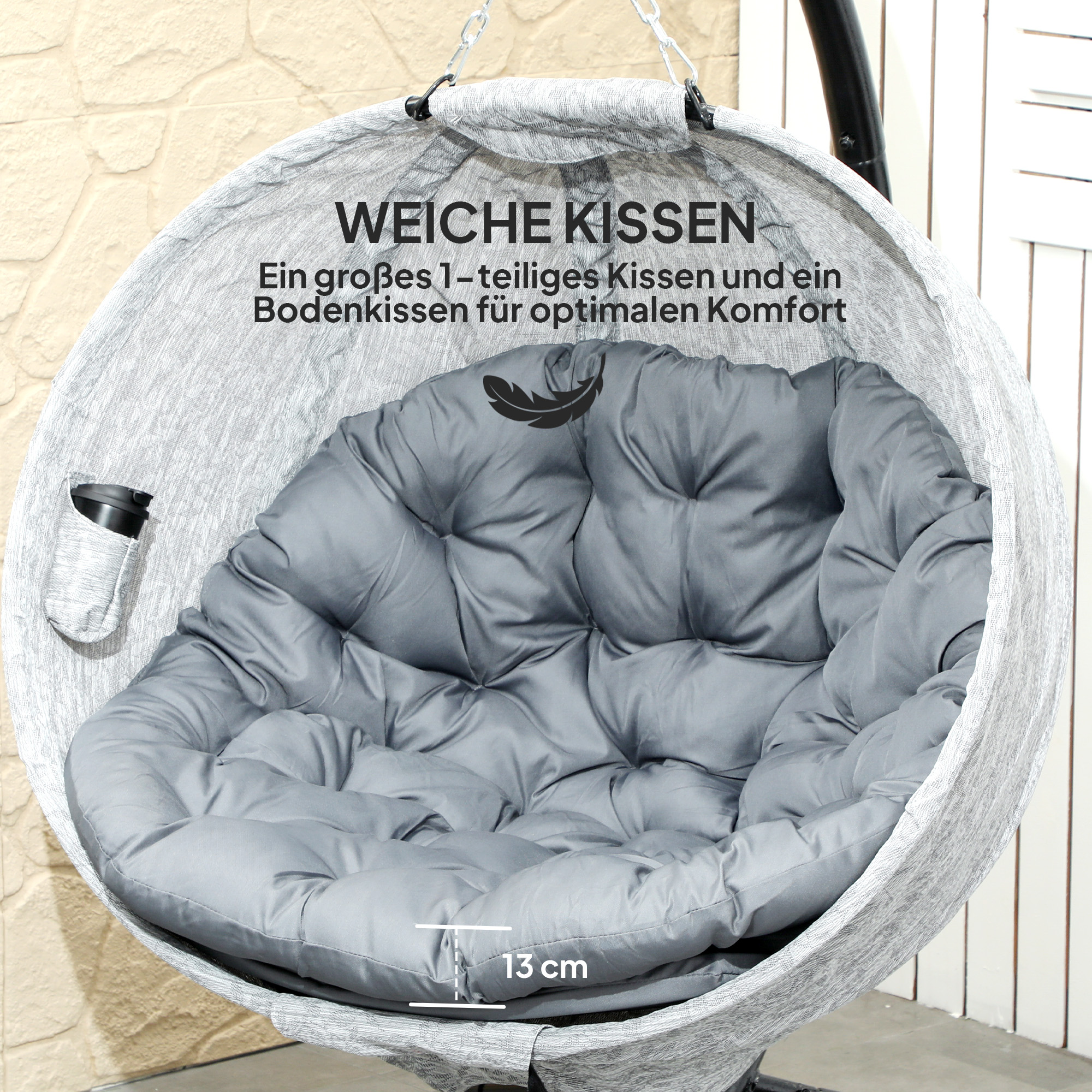 Eiförmiger Hängekorb, Hängesessel mit Schaukelfunktion und faltbarem Korb, Gartenstuhl, Becherhalter, Grau