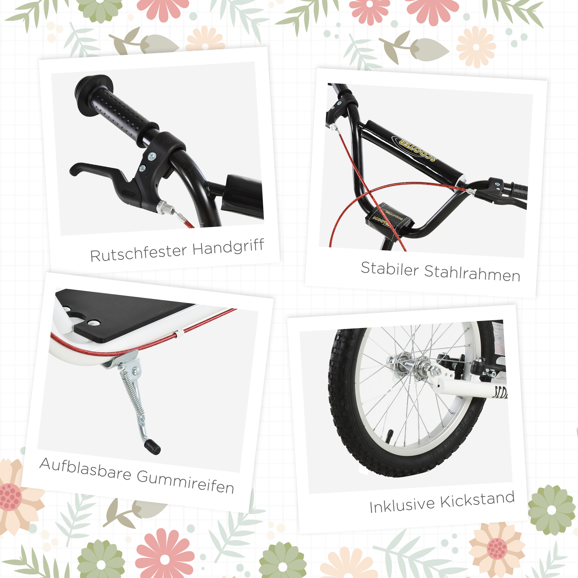 Kinderroller Scooter Tretroller Cityroller Kickscooter Roller Kinder Kickboard mit Luftreifen und Handbremse Scooter Kinder Wasserfest Faltbar ab 5 Jahre 16 Zoll Weiß 139 x 58 x 90-96 cm