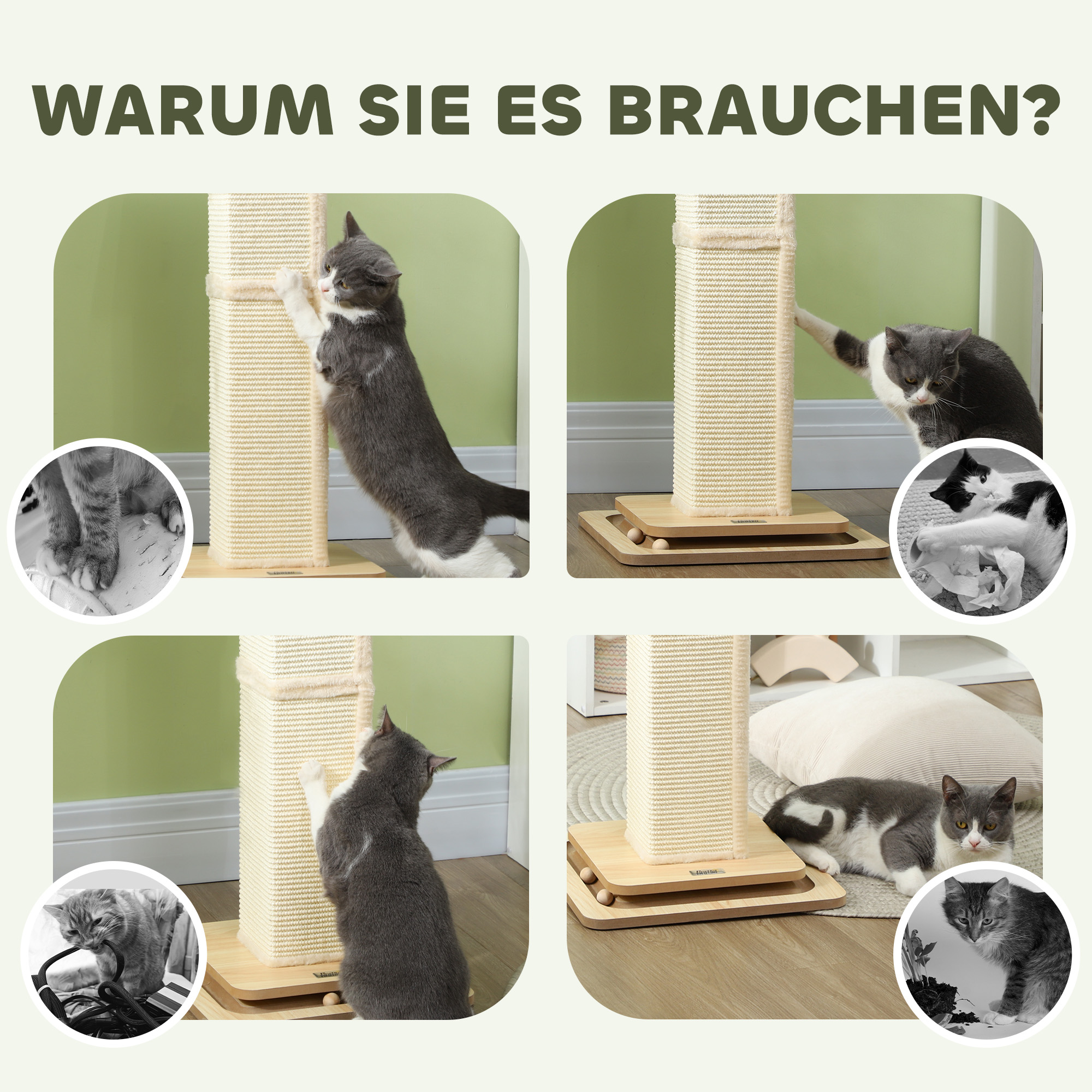3-in-1-Kratzbaum mit Spielschiene, Spielball, Sisal, bis 10 kg, 39,5 x 39,5 x 87 cm, Eiche/Creme