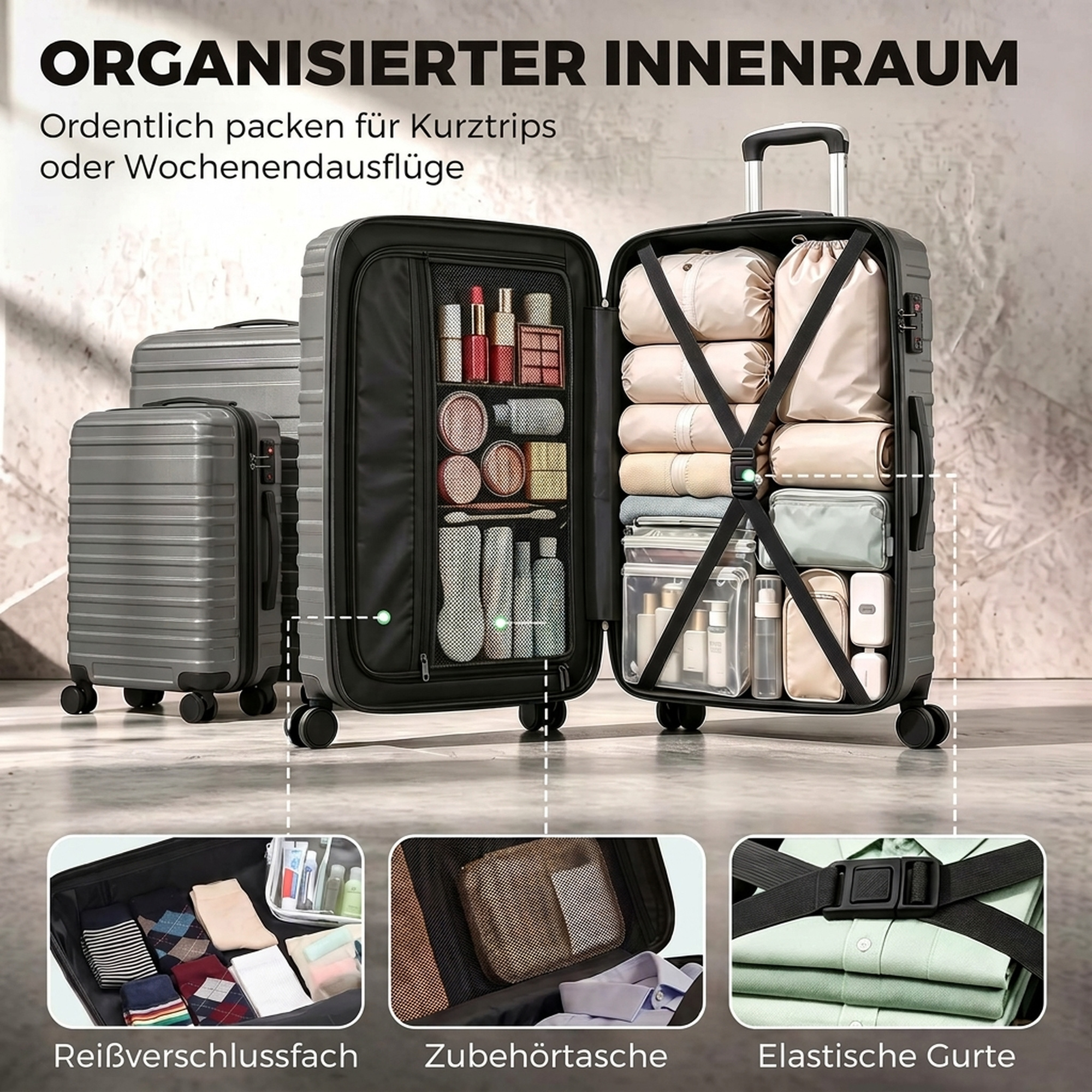 Kofferset, ineinander verstaubare Reisekoffer mit TSA-Schloss und 360° Rollen, 20/24/28 Zoll in Dunkelgrau