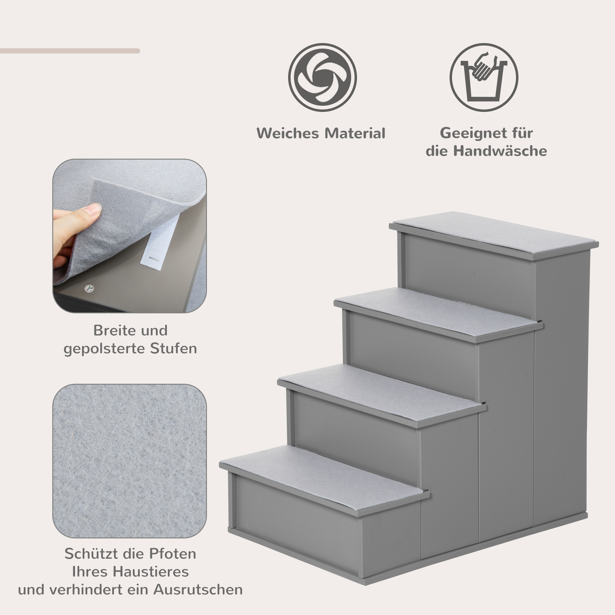 Haustiertreppe, für Hunde/Katzen, 4-stufig, Kurzplüsch, bis 30 kg, 40 x 59 x 54,2 cm, Grau