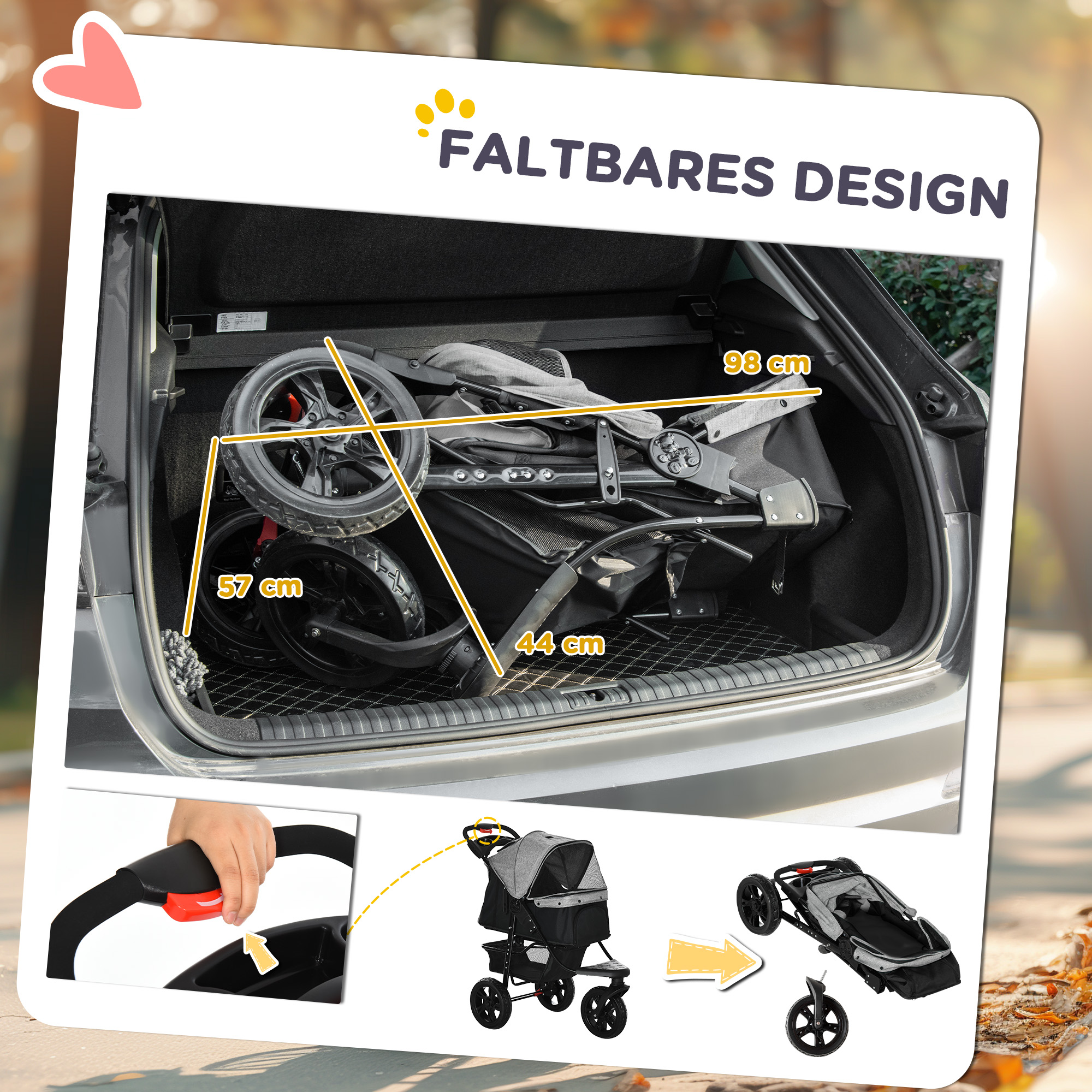 Hundewagen Hundebuggy Katzenbuggy Pet Stroller mit 3 Rädern klappbar Hunde Katze Oxford Grau+Schwarz 109,5 x 57,5 x 106,5 cm