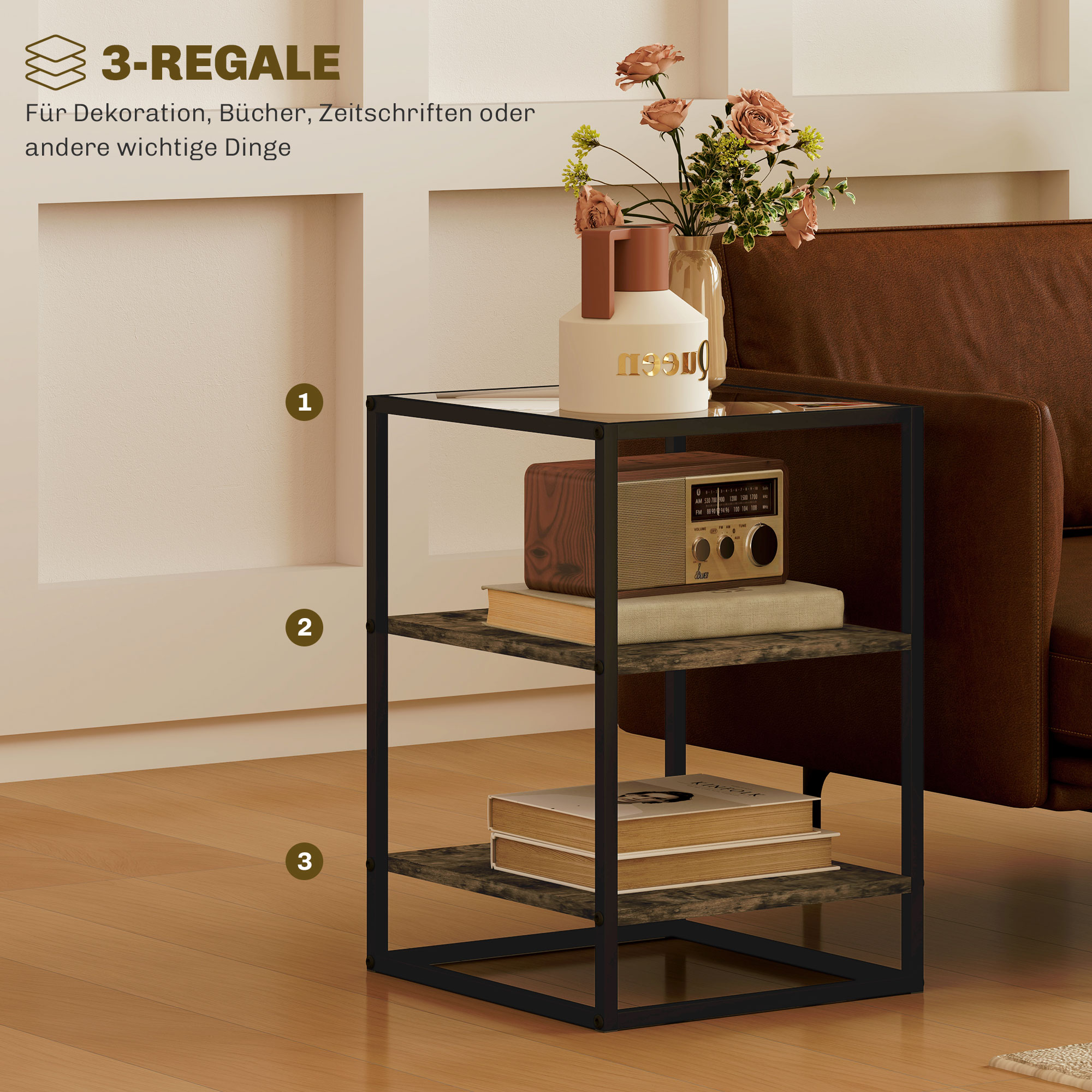 2er-Set Beistelltische mit Glasplatte, 3-stufiges Design, Metallrahmen, für Wohnzimmer, Schlafzimmer, Braun