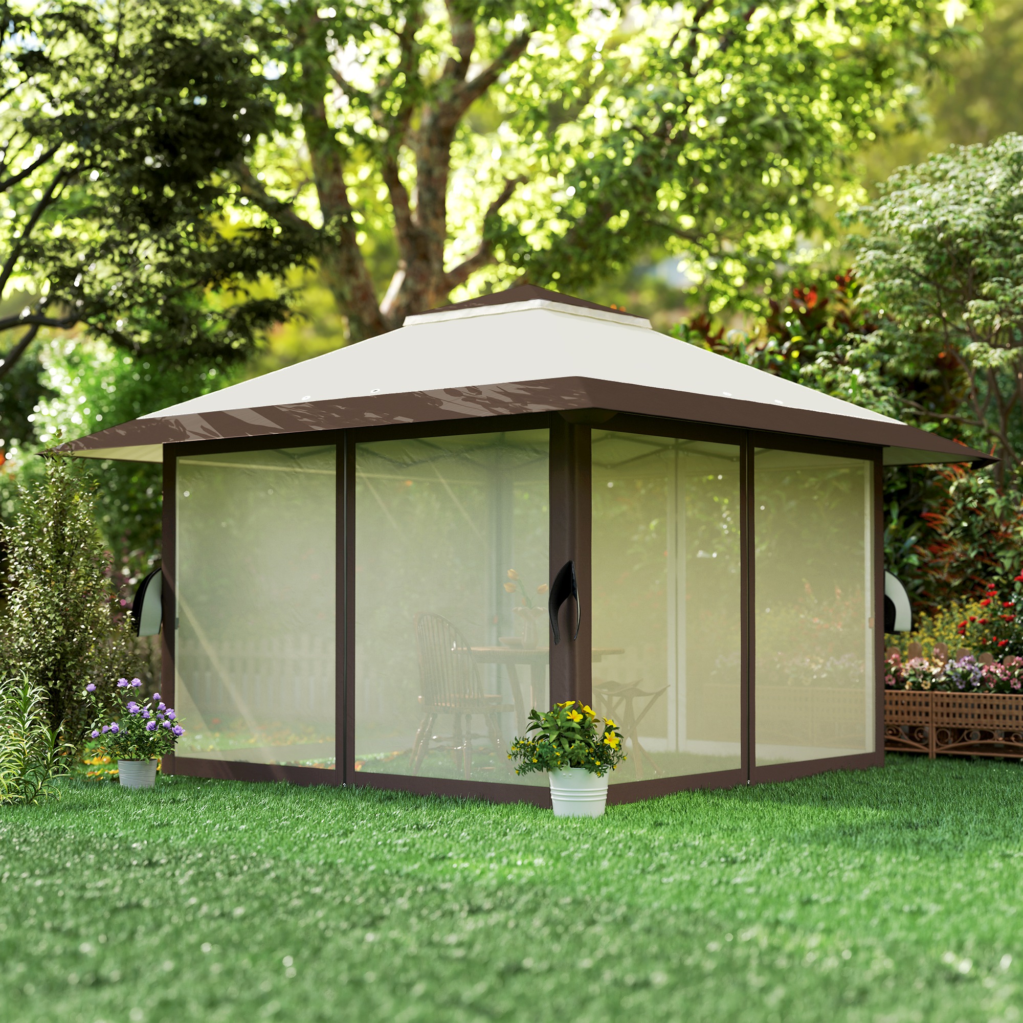 4 x 4 m Garten-Pavillon, Gartenzelt mit Netzwänden, UPF50+ Schutz, Höhenverstellbares Partyzelt, Beige