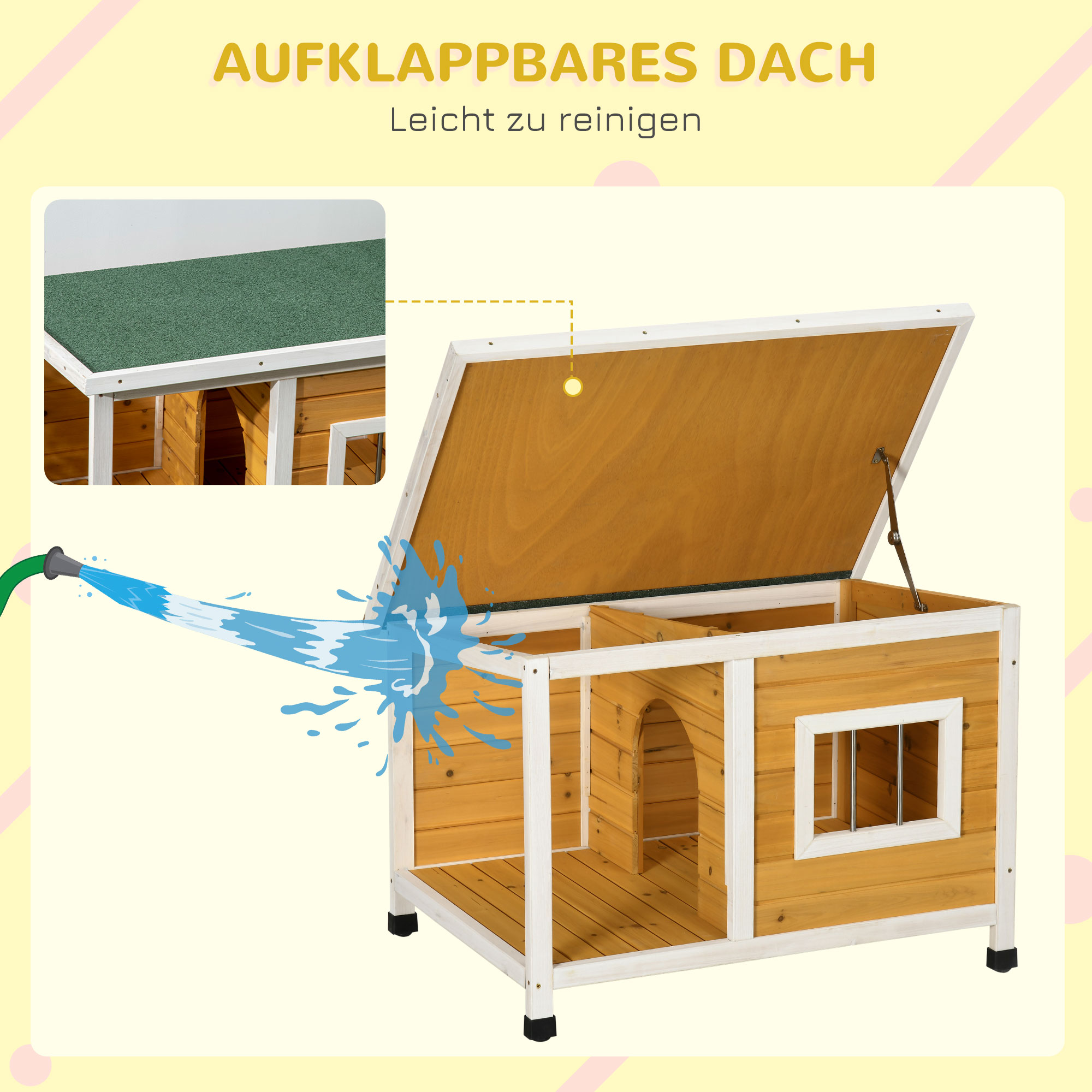 Hundehütte mit Veranda, aufklappbares Dach, Fenster, verstellbare Füße, Naturholz, orange, 85,5 x 62 x 60 cm