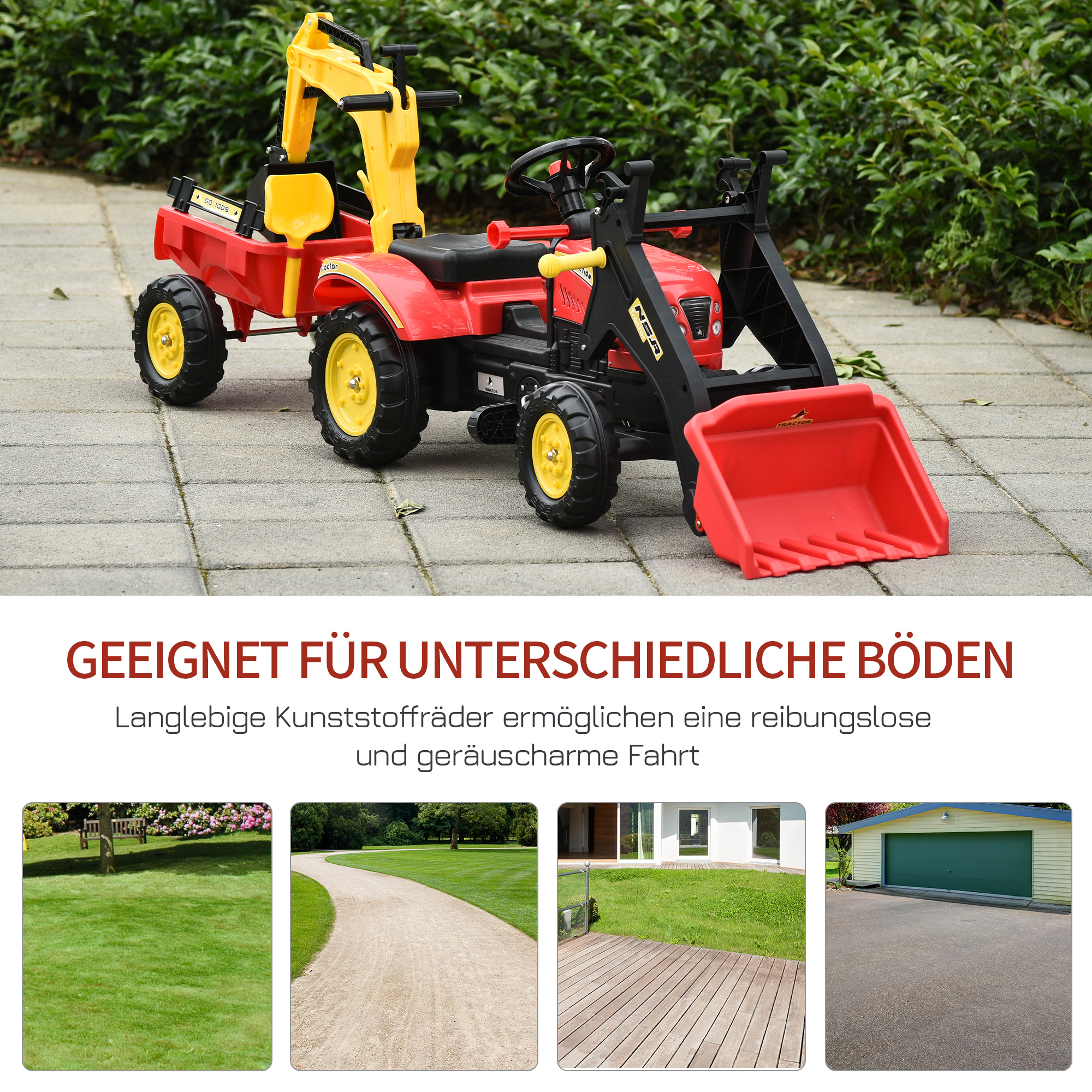 Trettraktor mit Anhänger, Frontlader, verstellbarer Schaufel, Traktor Tretfahrzeug für Kinder ab 3 Jahren Rot