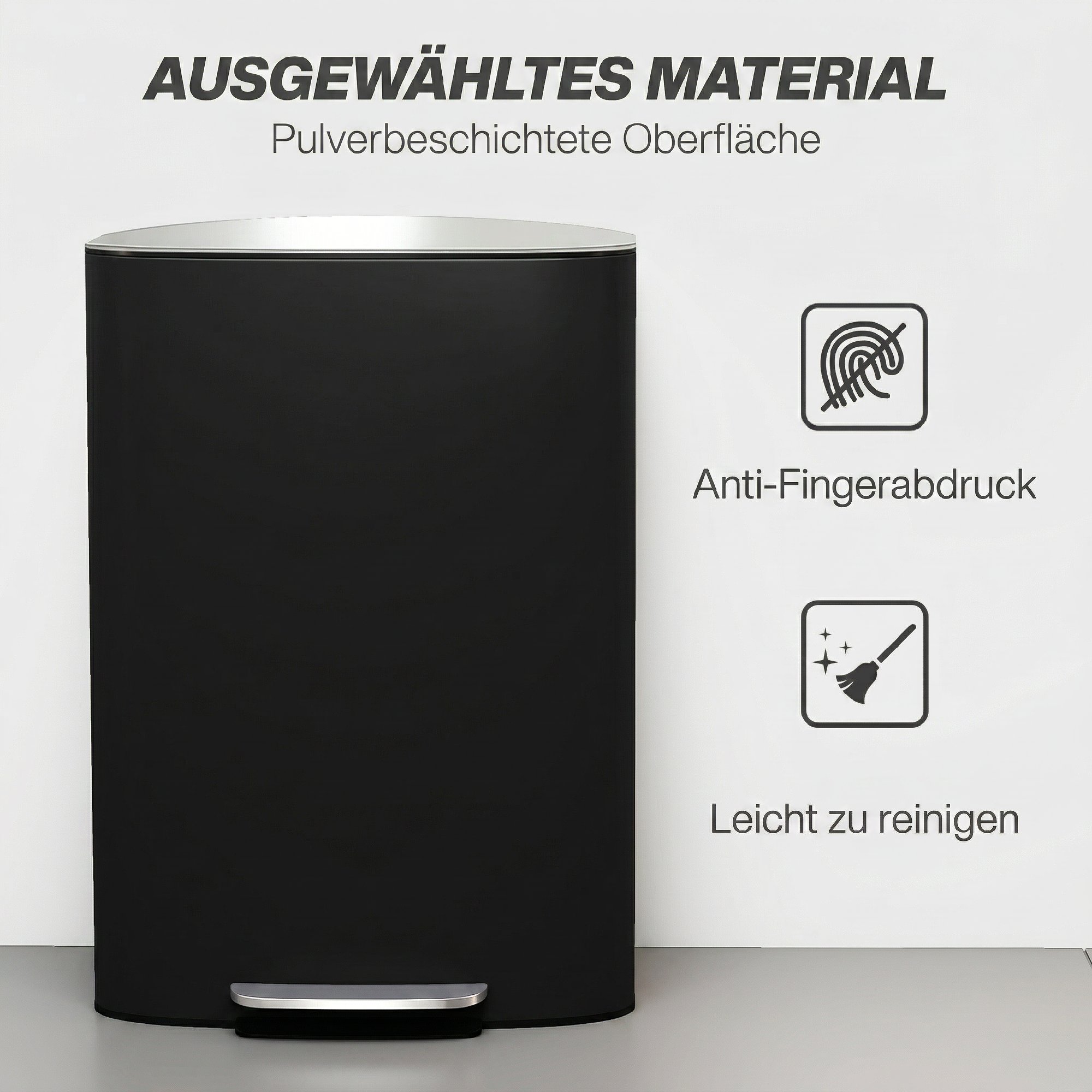 Mülleimer Küche 50 Liter Treteimer mit Bleib-Offen-Funktion, Soft-Close-Deckel, Pedal, Schwarz