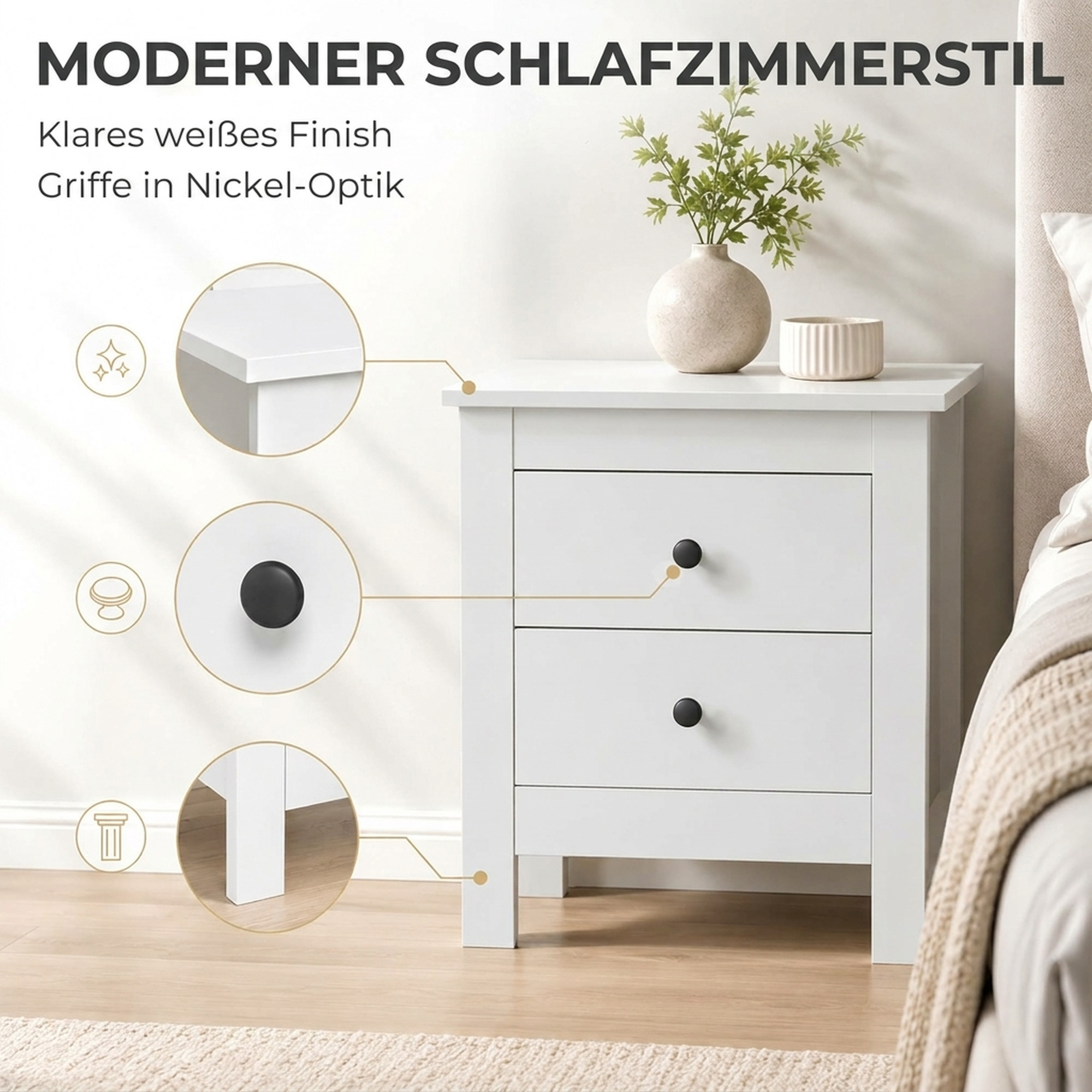 moderner Nachttisch mit 2 Schubladen, Beistelltisch mit Fußpads fürs Schlafzimmer, Weiß