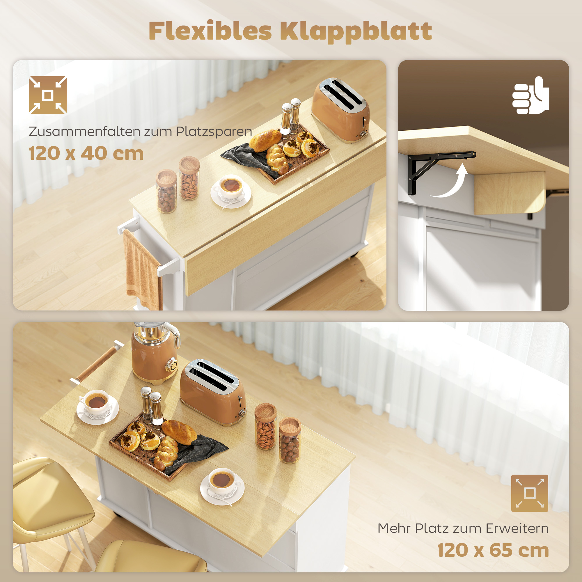 Fahrbare Kücheninsel, erweiterbare Oberfläche, Schranktüren, Schubladen, Handtuchhalter, Küchenwagen aus MDF, Weiß