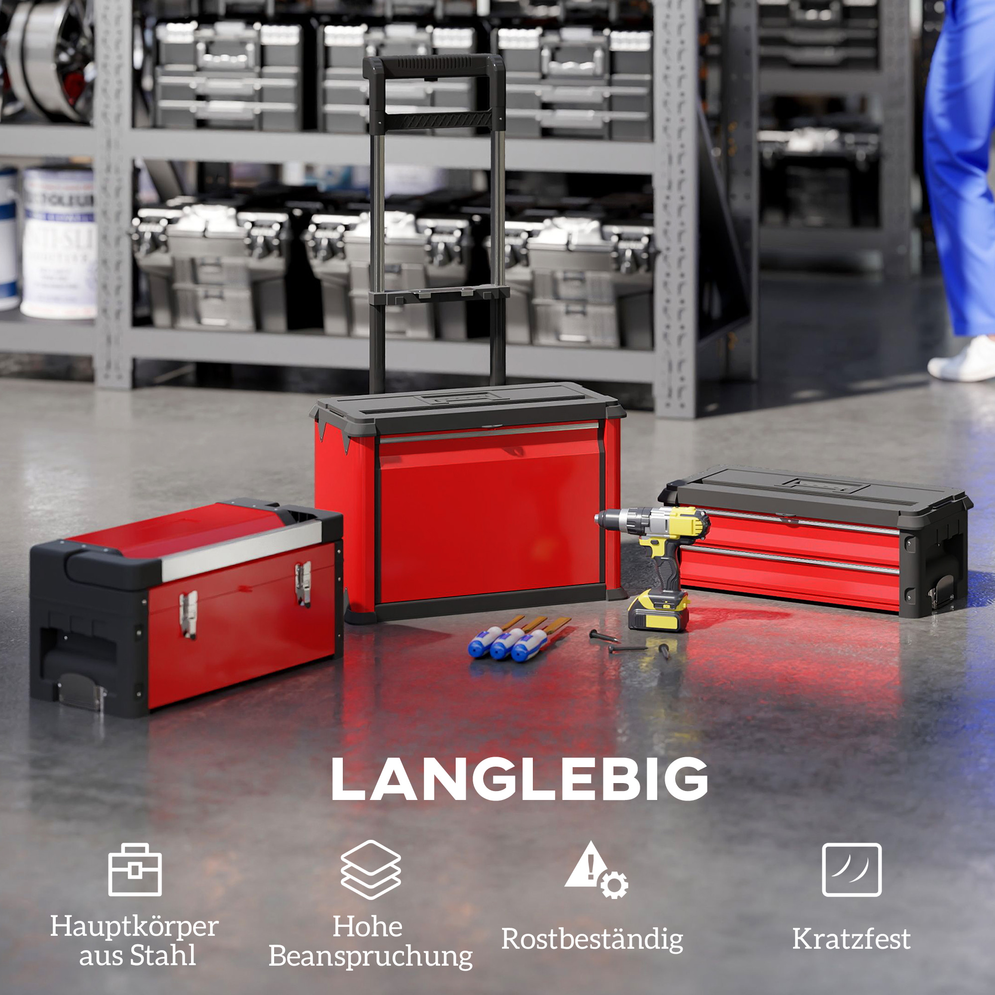 3-stufiges Werkzeugkasten-Set, mit Rädern, ineinandergreifend, Stahl, Kunststoff
