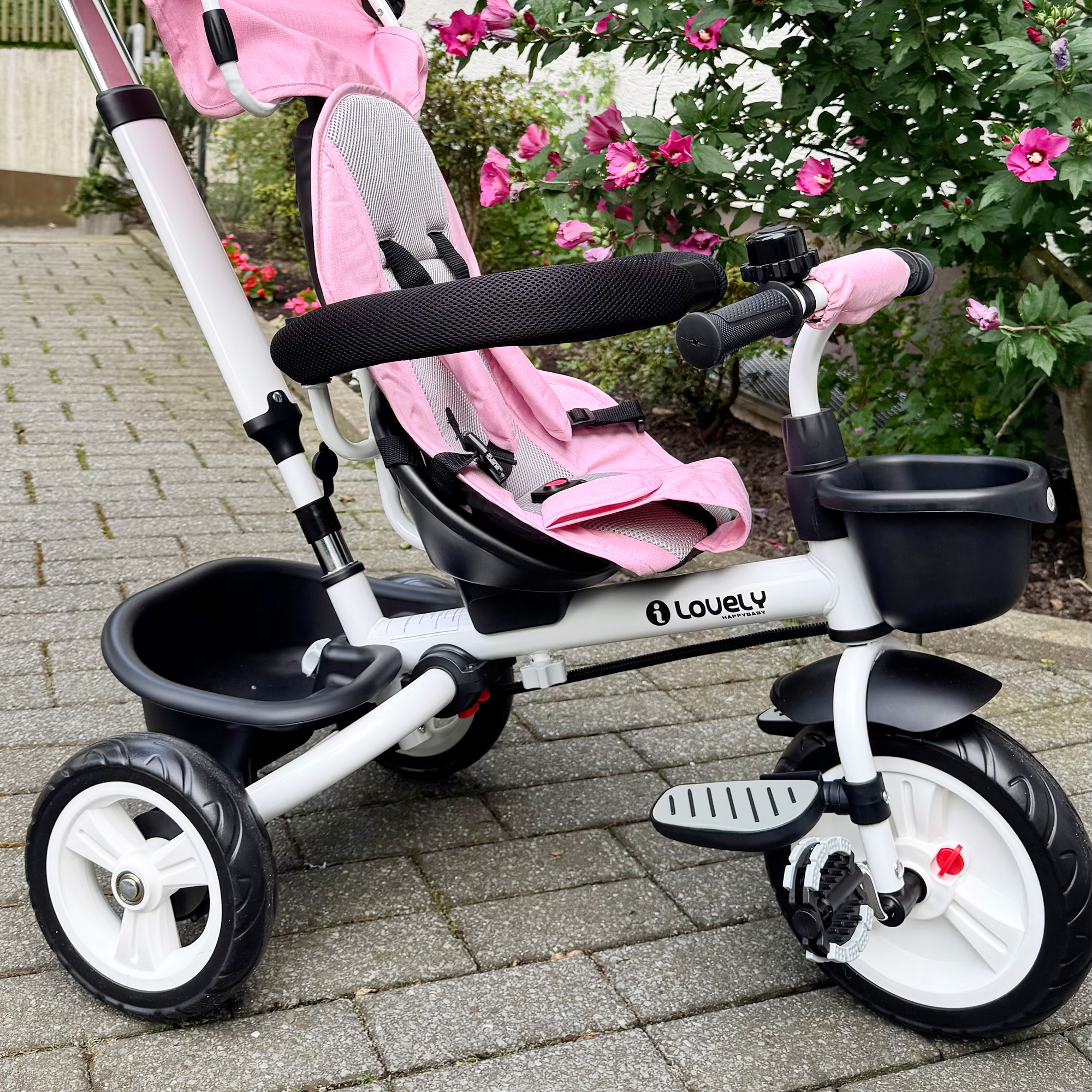 6-in-1 Kinderdreirad mit Schiebestange, Dach, Gurt, Ablagekorb, 18+ Monate, Rosa