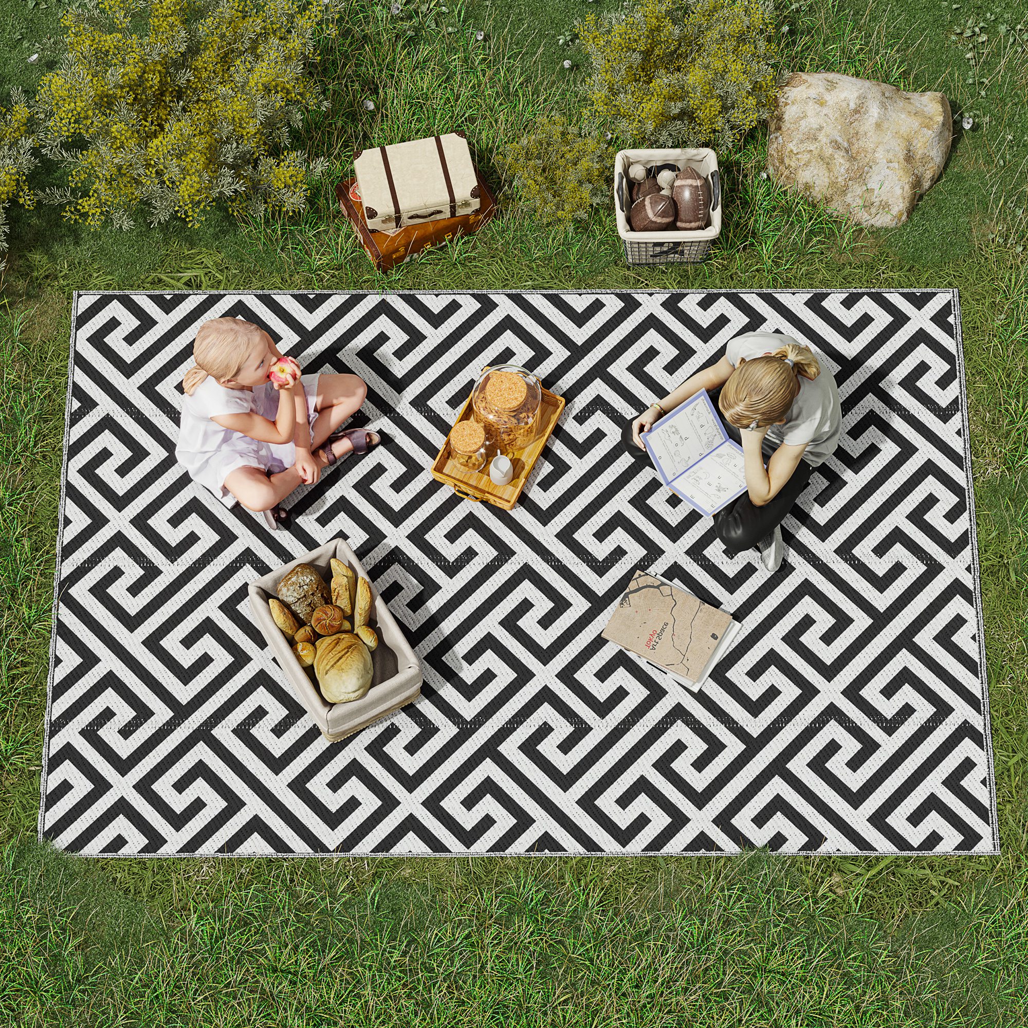 Outdoor-Teppich, beidseitig nutzbar, strapazierfähig, Rand gegen Ausfransen, schwarz+weiß, 152 x 243 cm