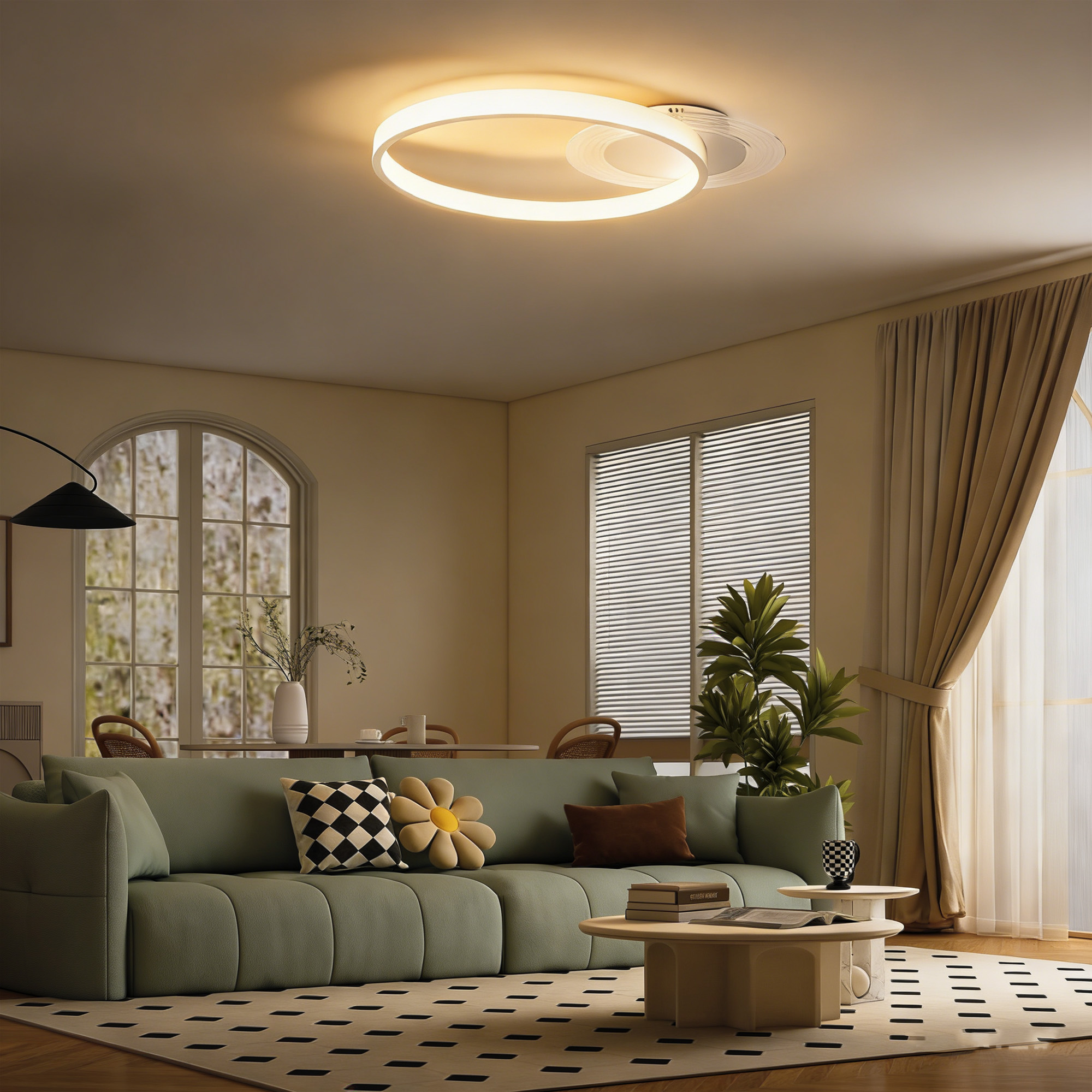 Deckenlampe, Deckenleuchte mit Zwei-Ring-Design, Rund 50 x 40 x 7,4 cm, Weiß