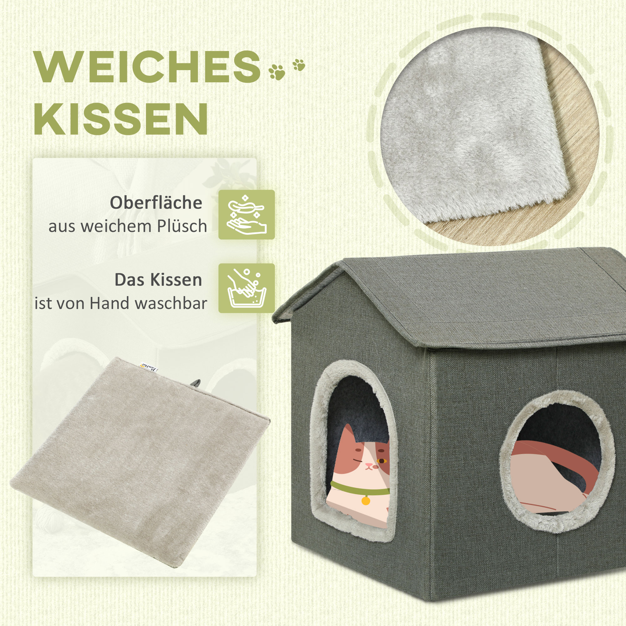 Katzenhöhle mit Kissen, Katzenbett, Haustier-Reisebett, waschbares Kissen, Khaki/Grün