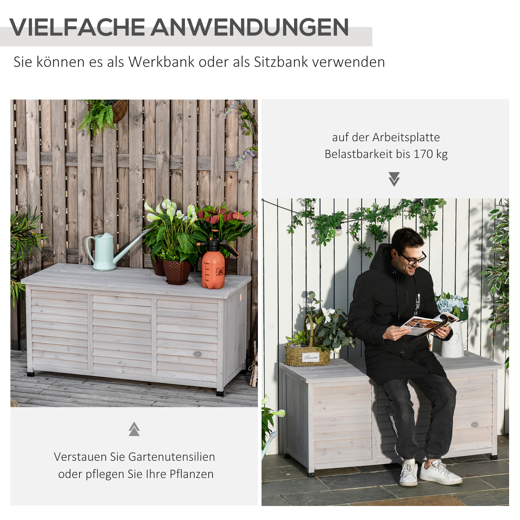 Gartenbox, wetterbeständig, luftdurchlässig, Kissenbox, Aufbewahrungsbox, Fichtenholz, grau, 127 x 56 x 60 cm