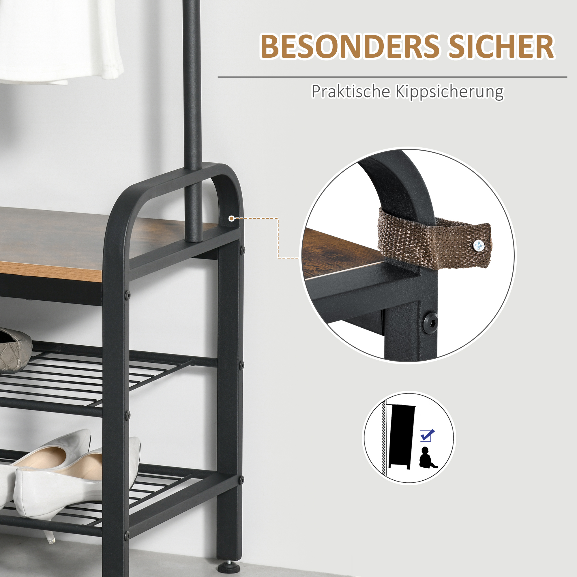 Garderobenständer Schuhregal Kleiderständer mit 8 Haken 2 Ablagen MDF Schwarz 72 x 34 x 185 cm