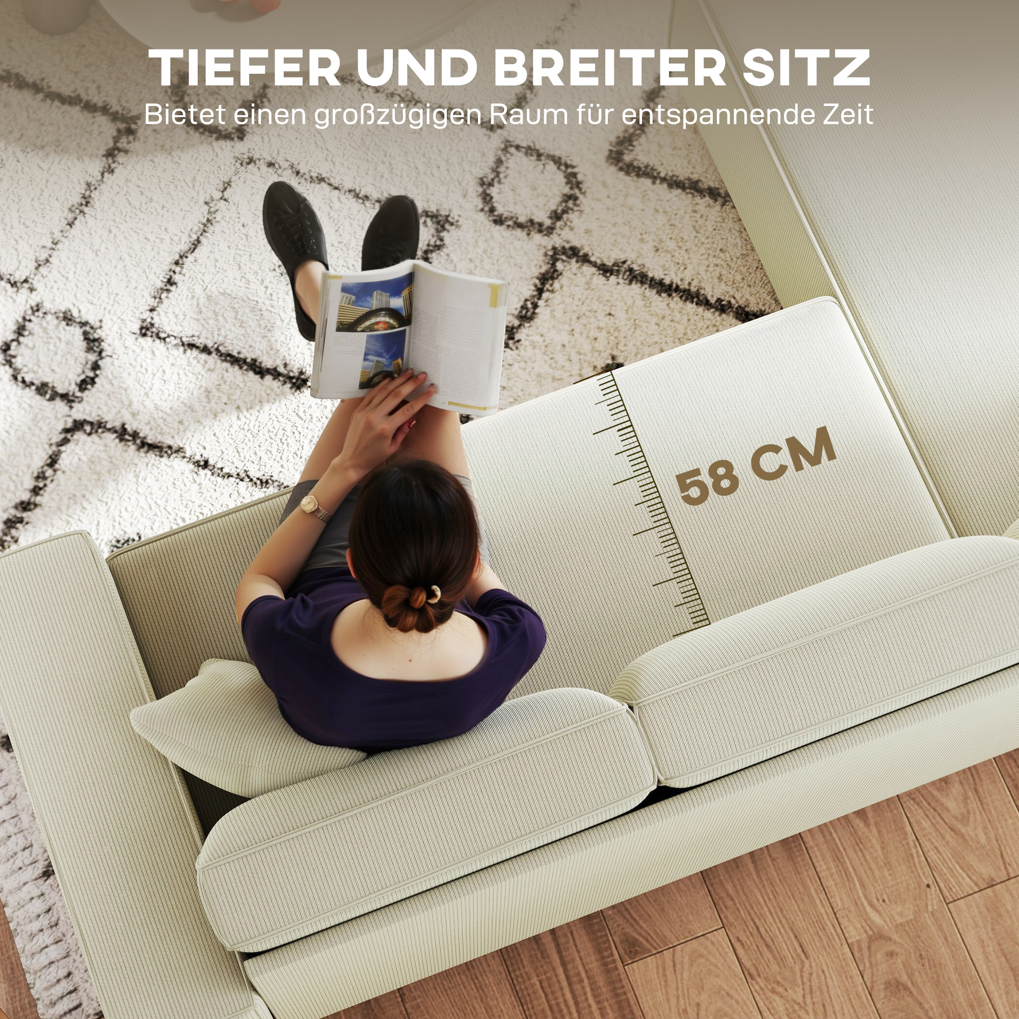 3-Sitzer-Sofa mit Chaiselongue, Wohnzimmercouch mit Cordbezug, 2 Extra-Kissen, Polstersofa, Cremeweiß