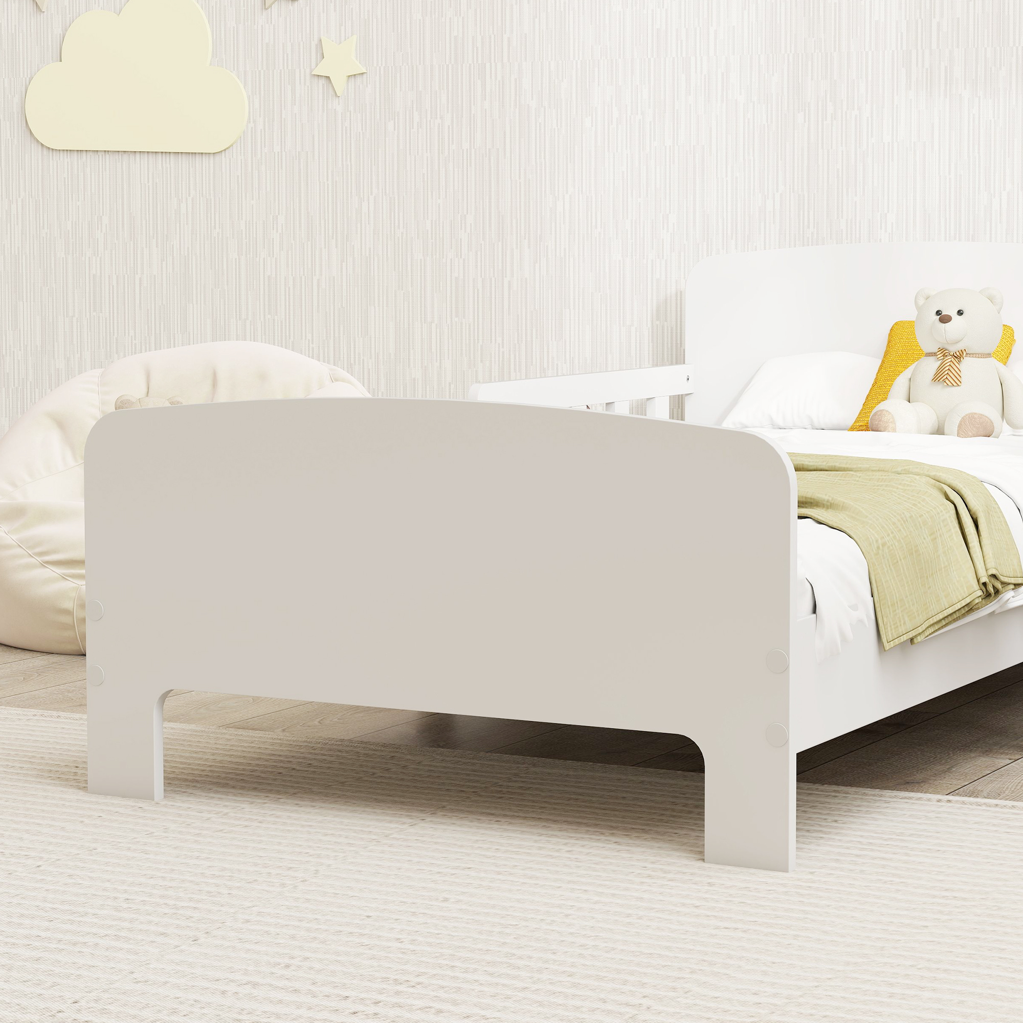 Kinderbett mit Sicherheitsschienen, Kleinkinderbett für Kinder im Alter von 3-8 Jahren, MDF, Weiß