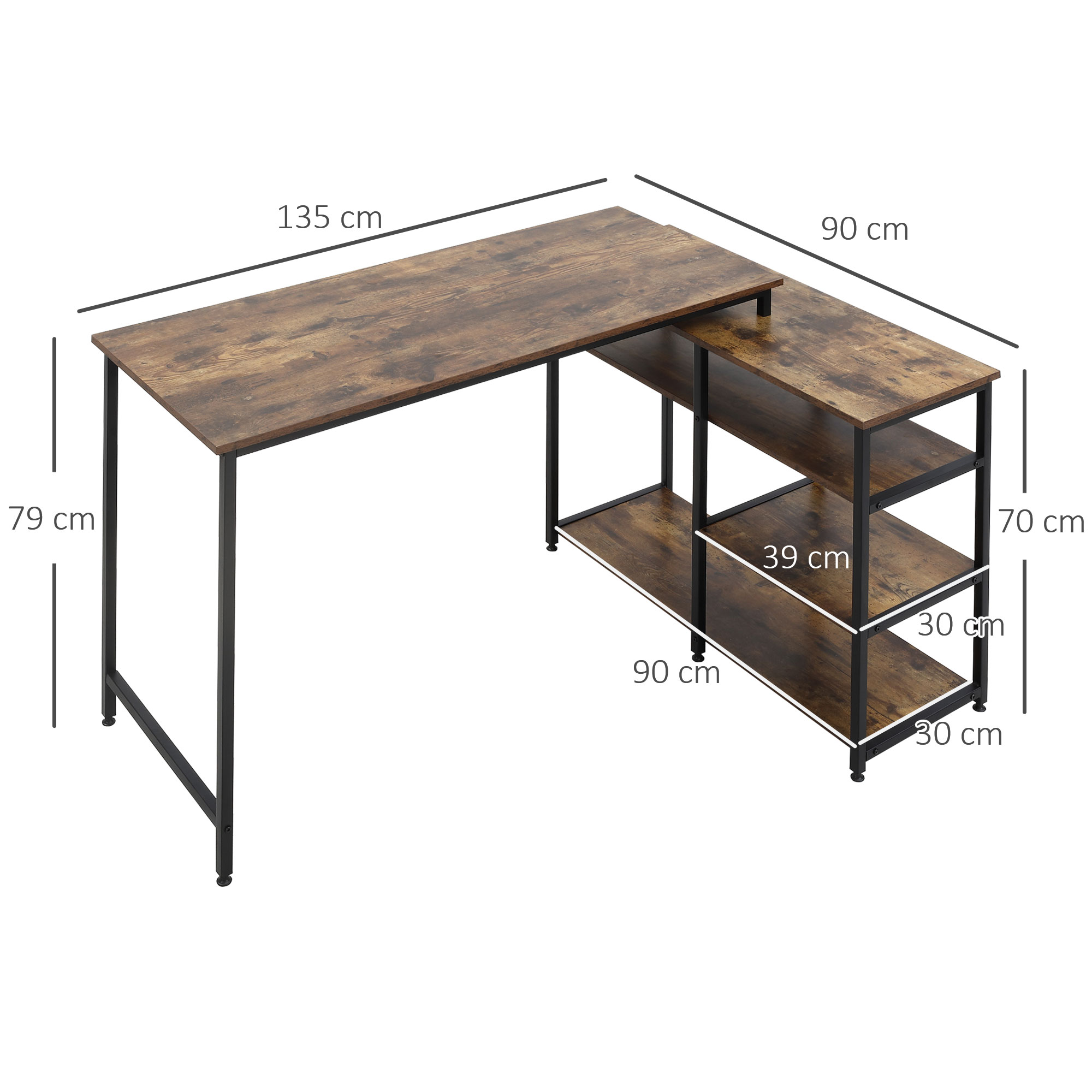 Eckschreibtisch Winkelschreibtisch PC-Tisch Computertisch Bürotisch Regal Schublade L-Form Spanplatte Metall Rustikales Braun 135 x 90 x 79 cm