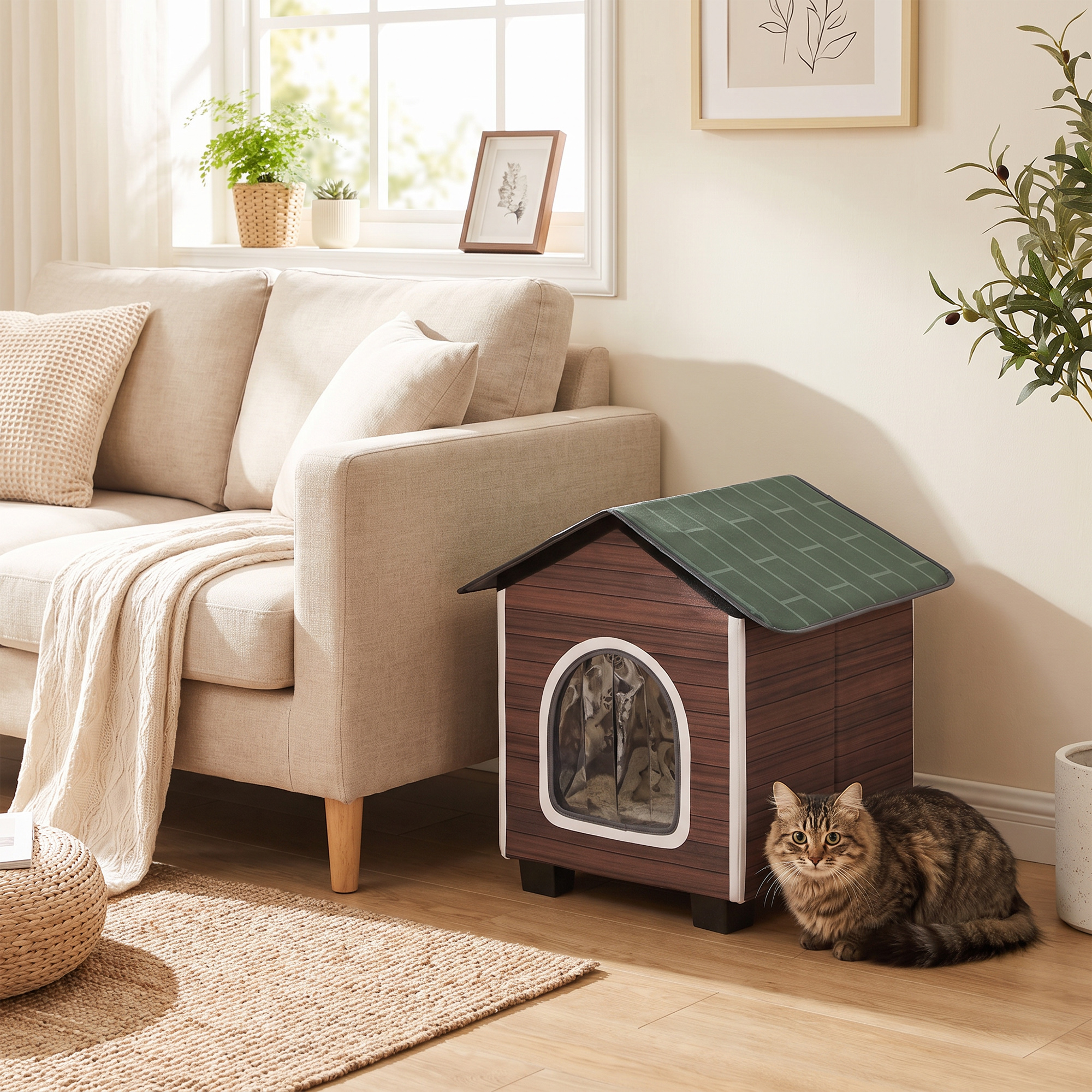 Katzenhaus isolierte Katzenhütte mit Kissen Eingang 44 x 42 x 45cm Wasserabweisend Oxford-Stoff Erhöht