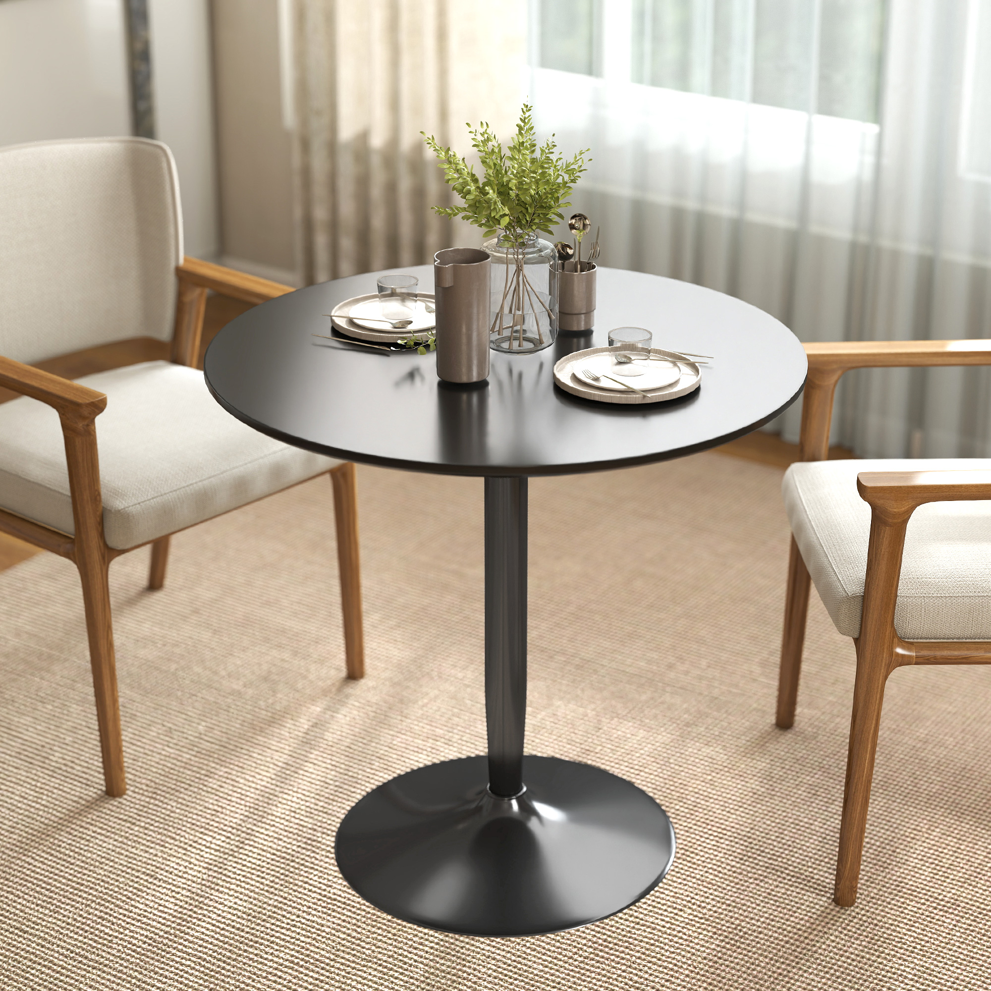 Esstisch für 2 Personen, runde Tischplatte Ø80 cm, MDF und Stahl, rutschfest, Schwarz, 75H cm
