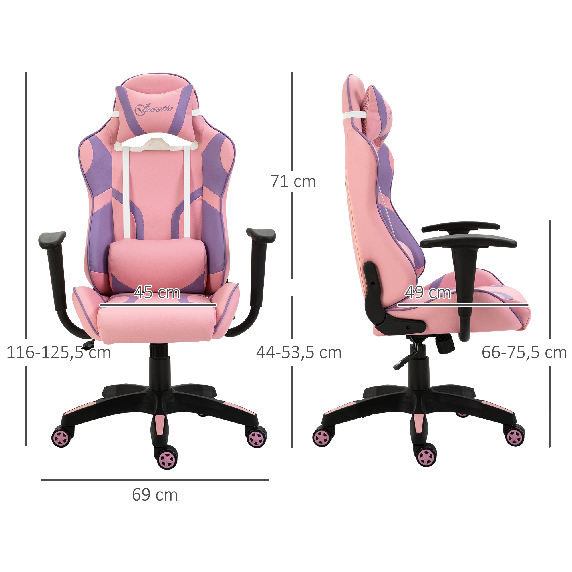Ergonomischer Gaming Stuhl Bürostuhl Drehstuhl Verstellbares Massage Lendenkissen Höhenverstellbar Rosa&Violett 69x56x125,5 cm
