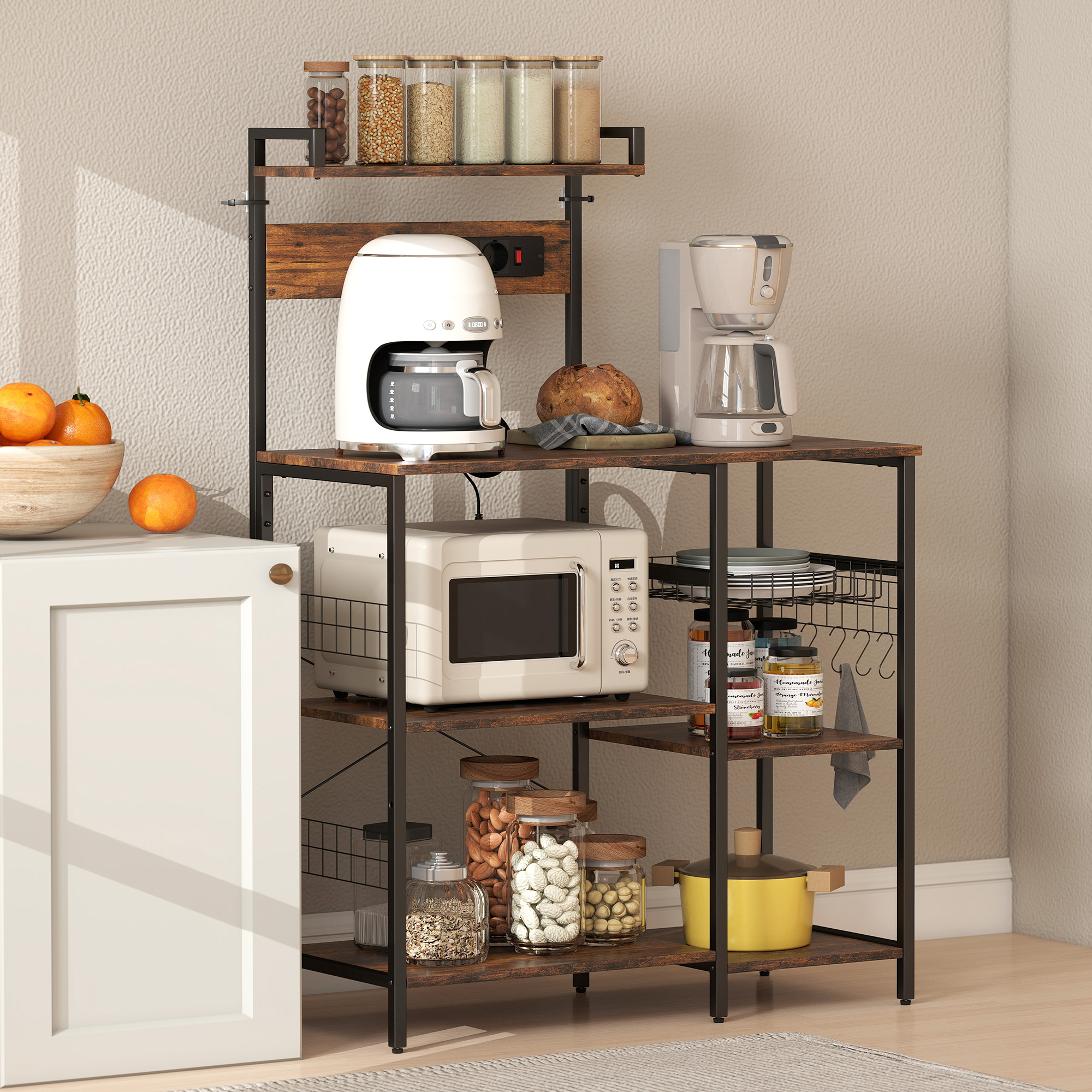 Küchenregal, Standregal mit 2 Steckdosen, 5 S-Haken, 5 Ablagen, Korb, X-Streben Stahl 90 x 42 x 130 cm